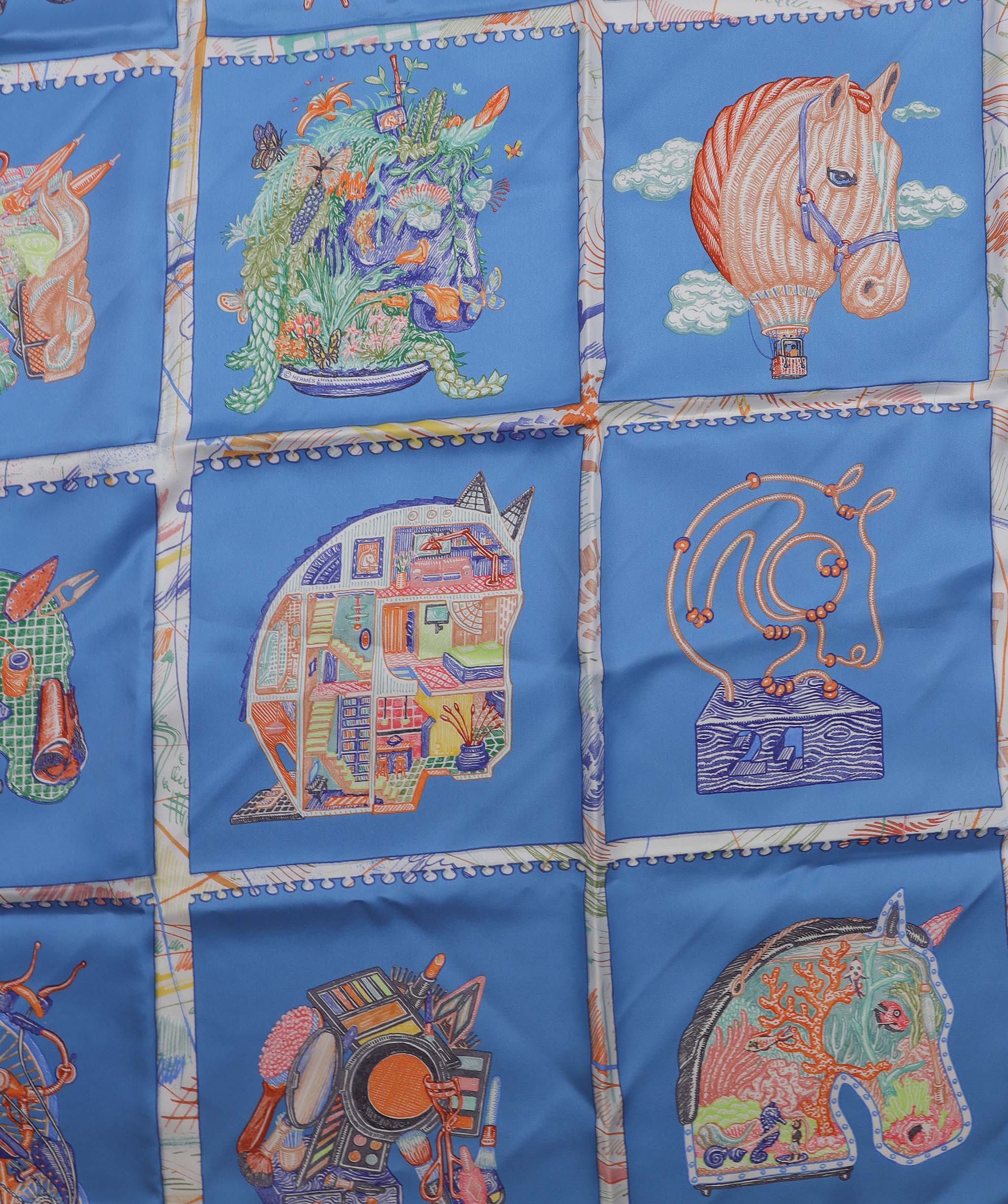 HERMES Carre 90 Scarf ""Chevaloscope"" Silk Blue Auth am6510 DXBV0347