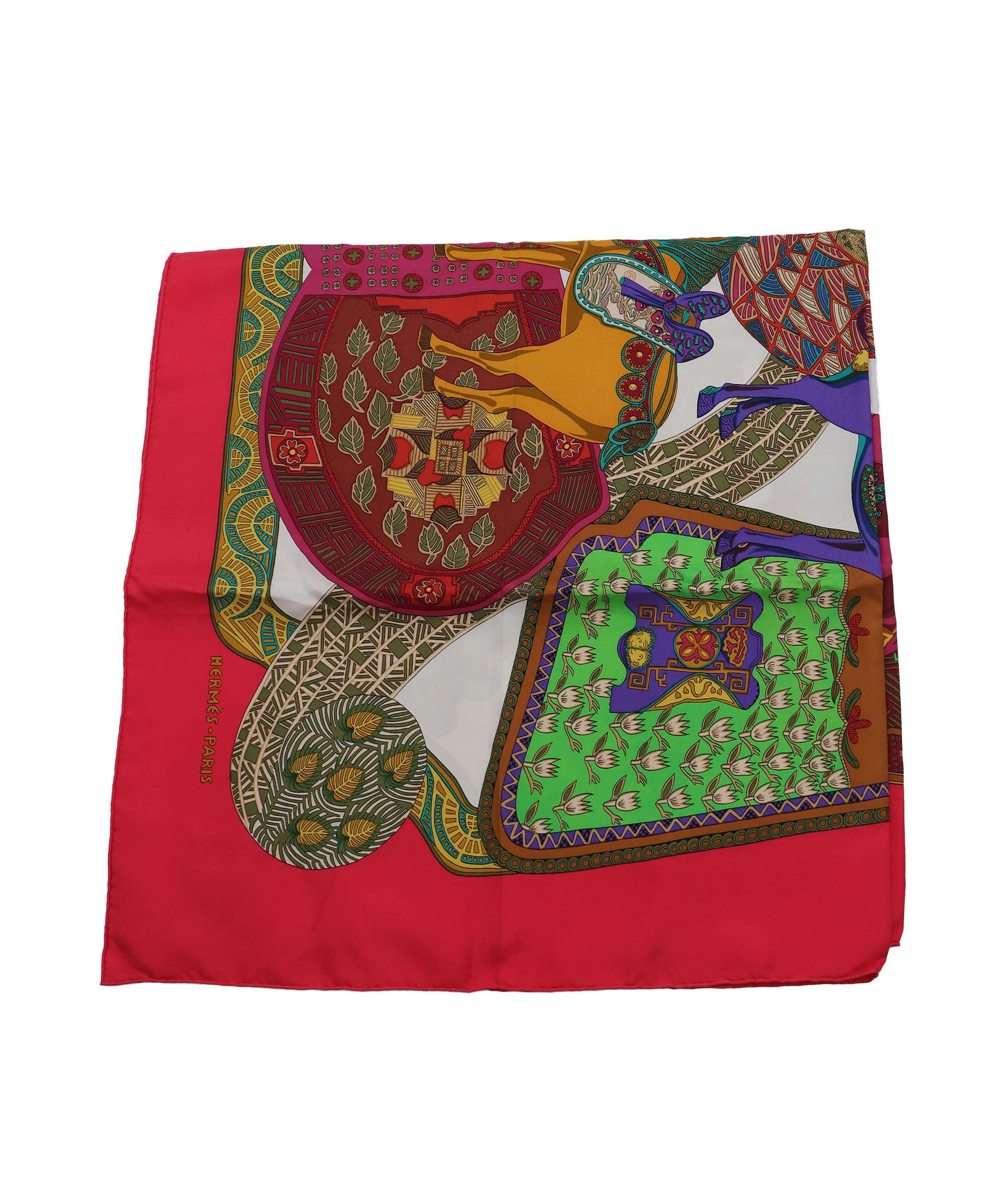 HERMES Carre 90 Scarf ART des STEPPES Silk Red Auth am6435 DXBV0327