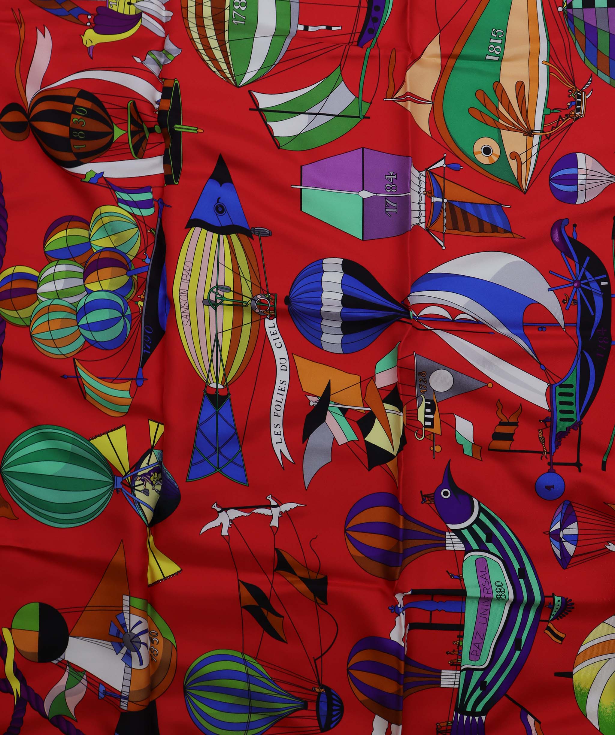 HERMES Carre 90 Scarf ""FOLIES DU CIEL"" Silk Red  DXBV0344