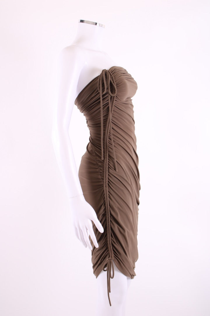 Lanvin Strapless Ruched Dress Khaki 10