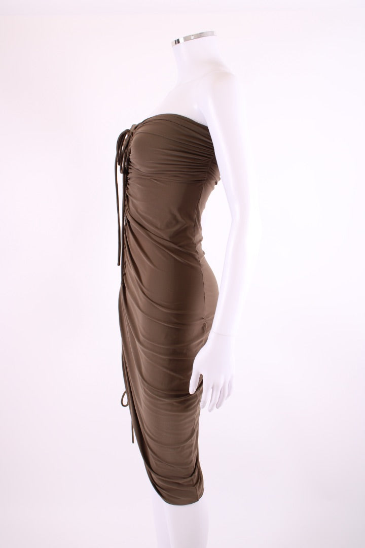 Lanvin Strapless Ruched Dress Khaki 10