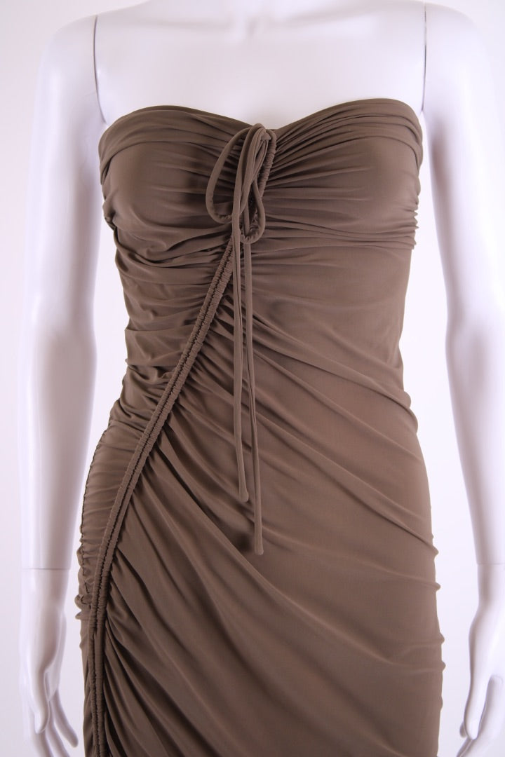 Lanvin Strapless Ruched Dress Khaki 10