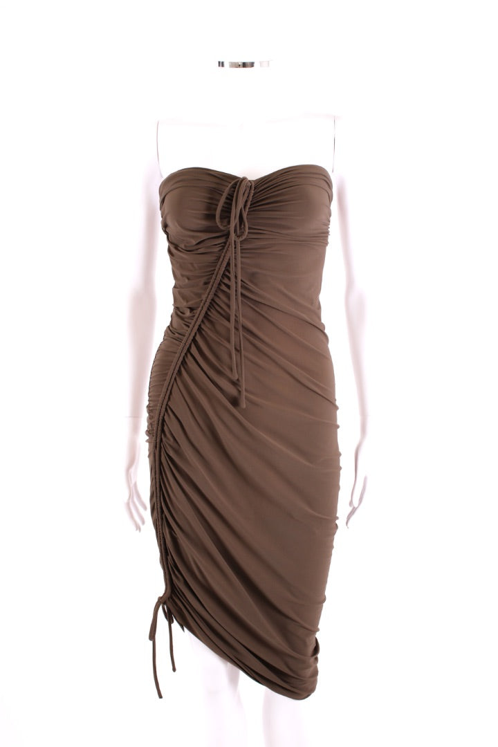 Lanvin Strapless Ruched Dress Khaki 10