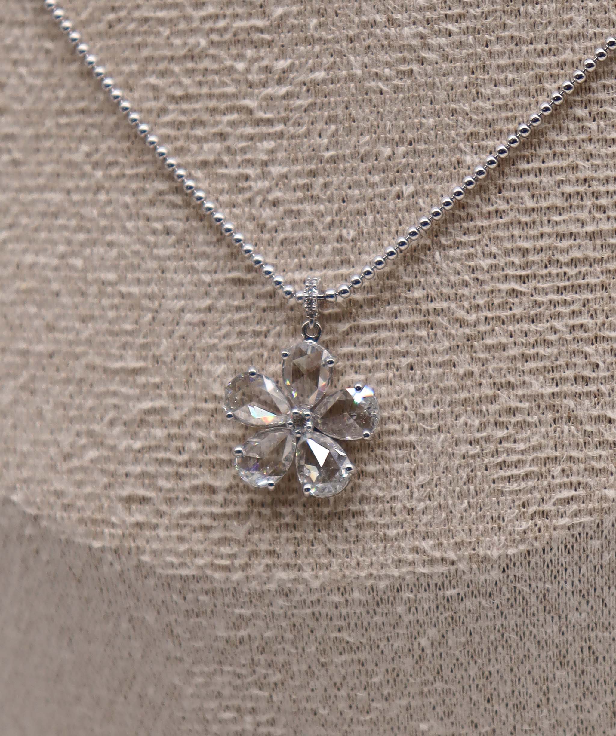 1.24ct Rose Cut Diamond Flower Pendant Necklace White Gold C12153