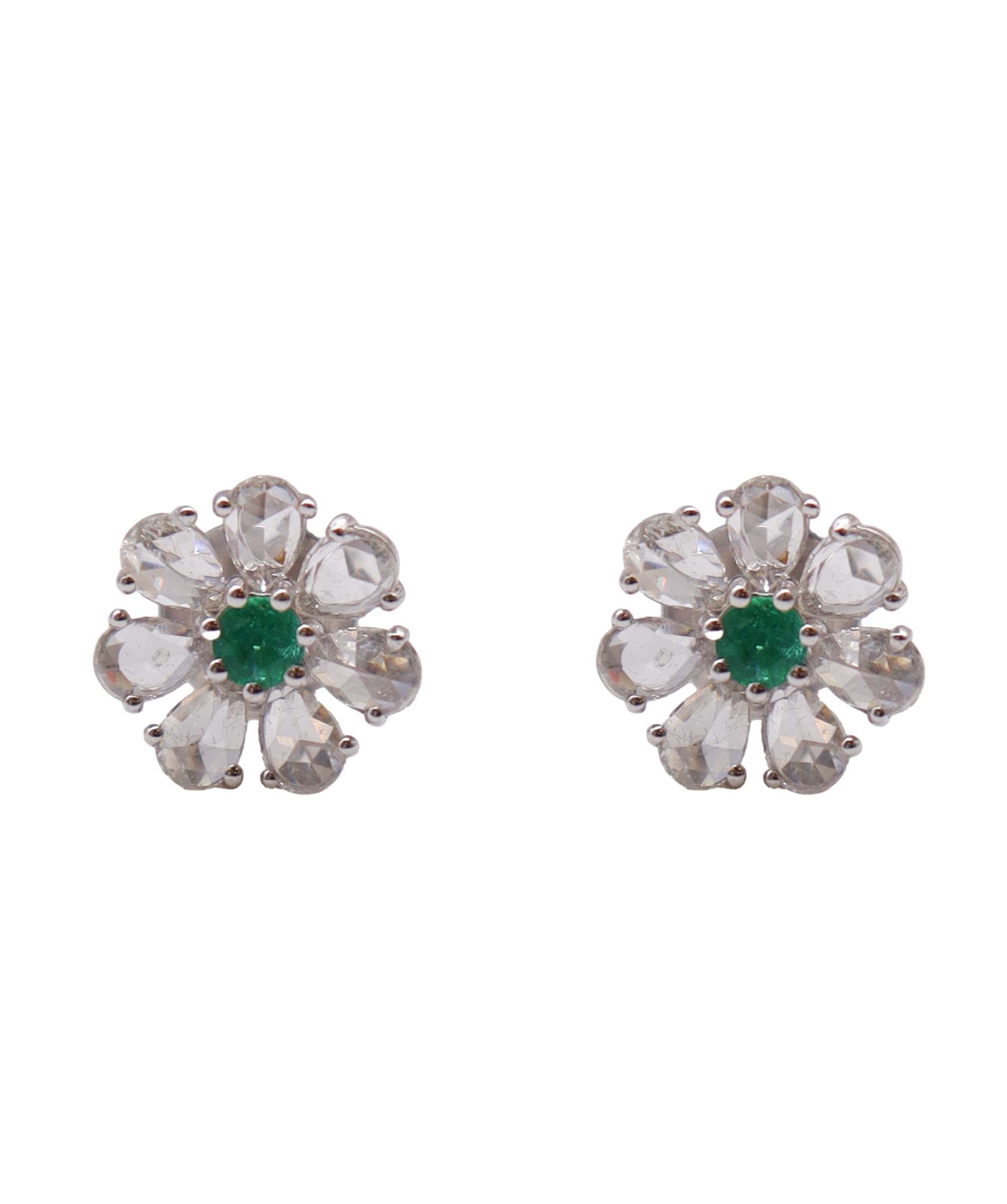 1.52ct Rose Cut Diamond and Emerald Flower studs White Gold E6353
