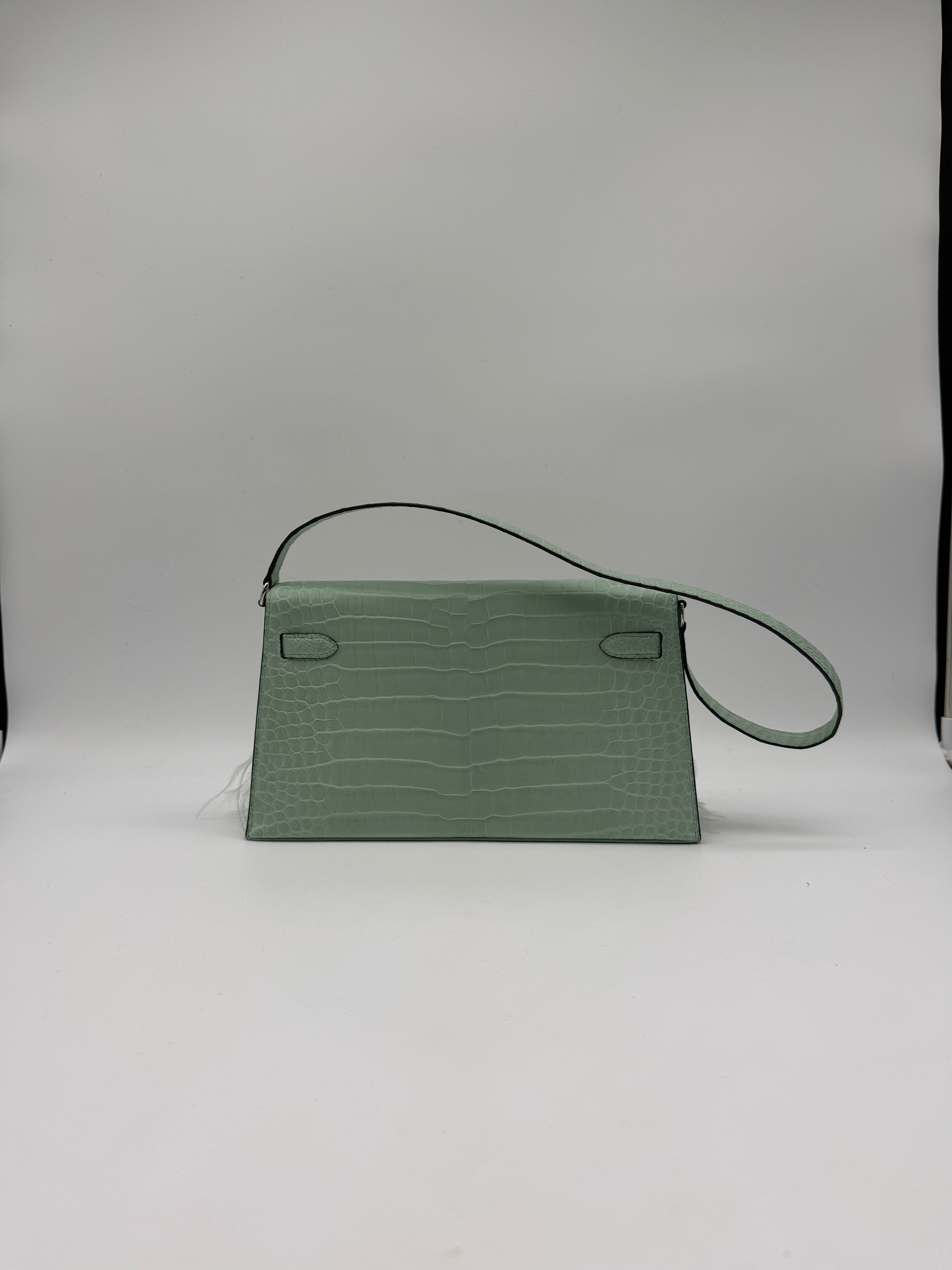 Hermès Kelly Elan Folie Vert Deau Foile Matte Porosus Palladium Hardware