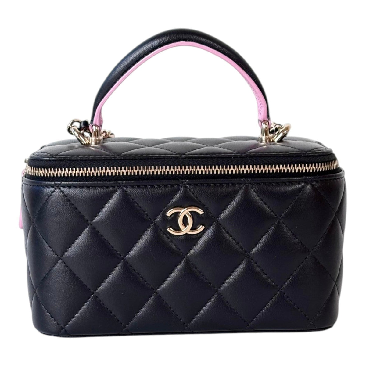 Chanel Vanity Box Bag Black Lambskin With Pink & Black Handle - Full Set