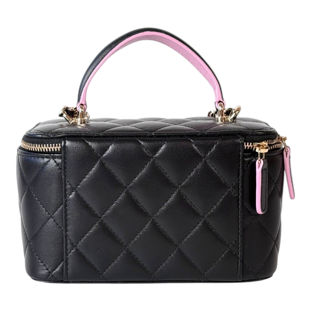 Chanel Vanity Box Bag Black Lambskin With Pink & Black Handle - Full Set