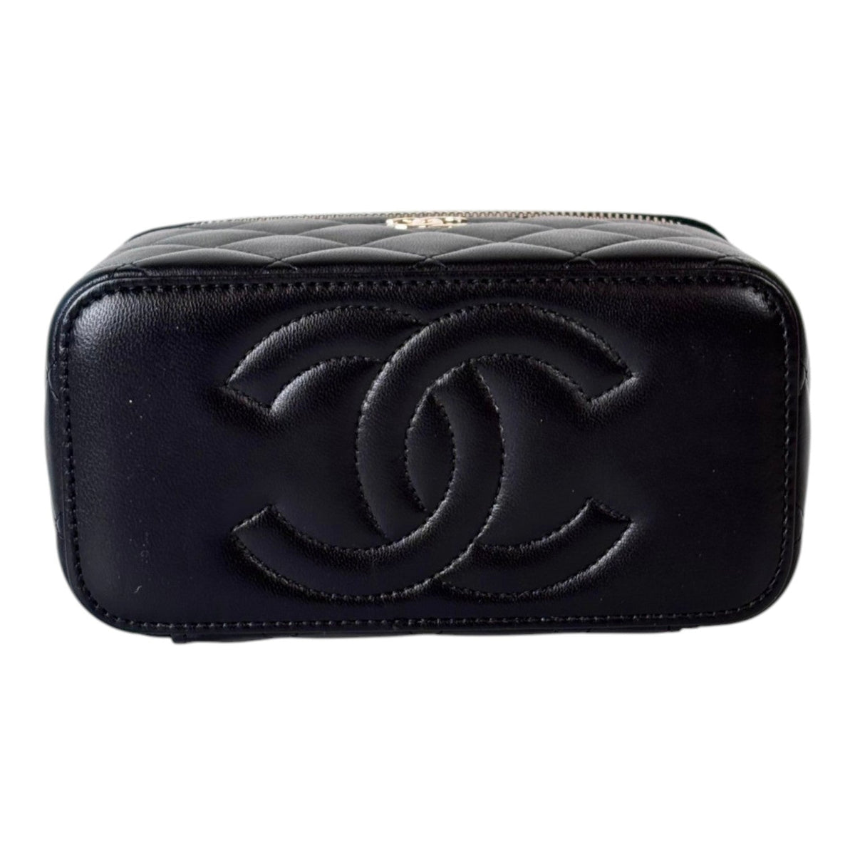 Chanel Vanity Box Bag Black Lambskin With Pink & Black Handle - Full Set