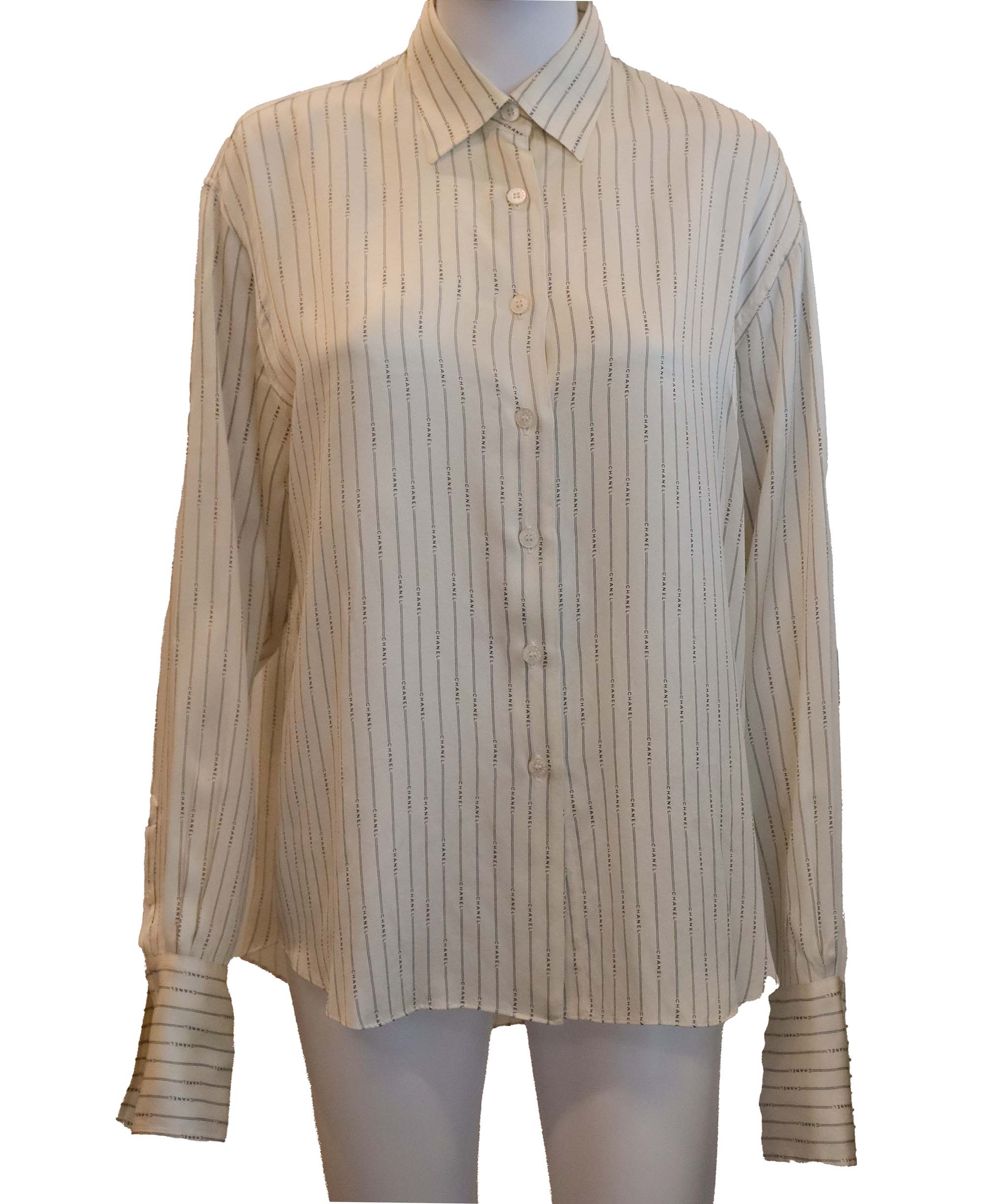 Chanel Logo Stripe Silk Shirt White DXBS6048
