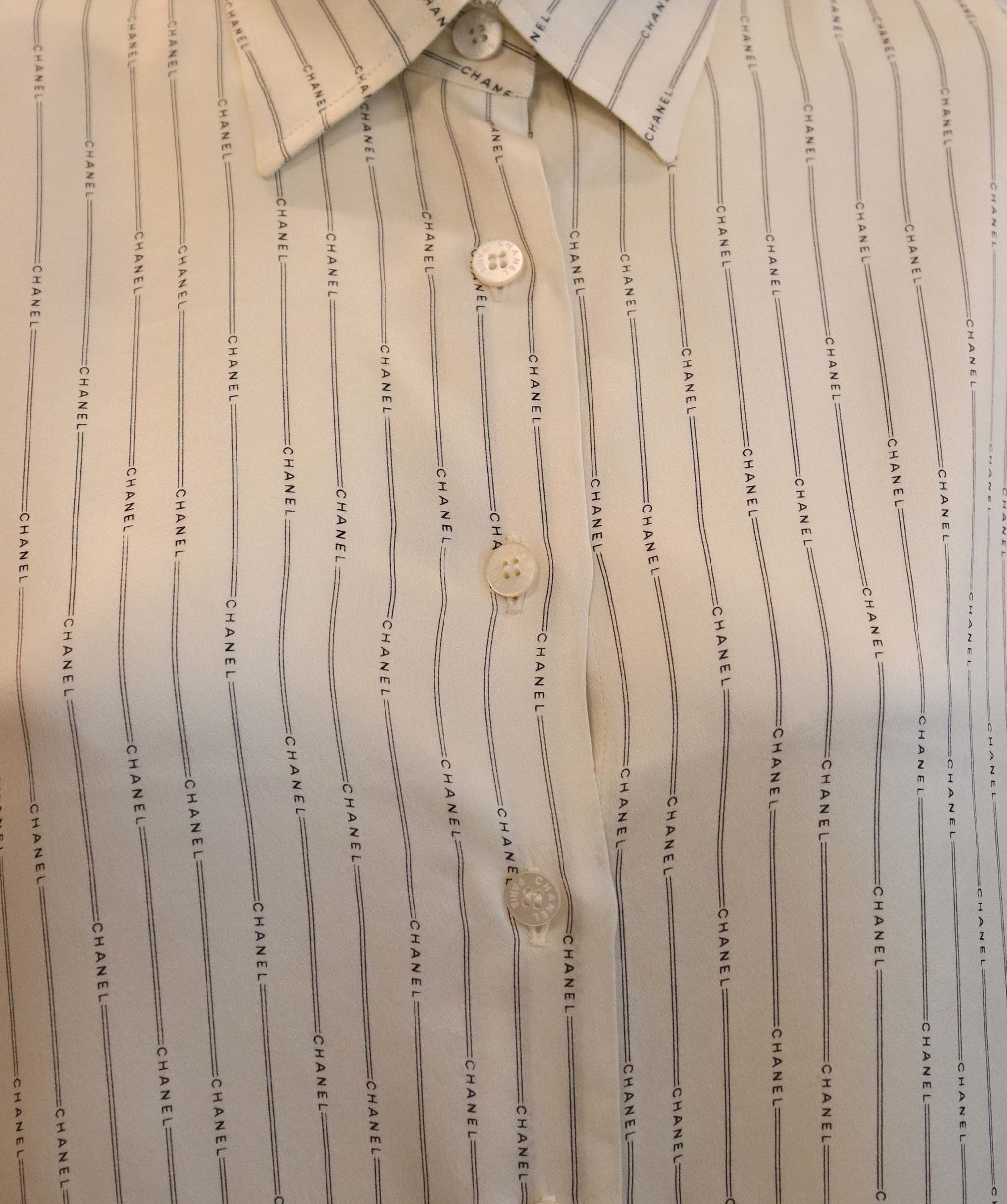 Chanel Logo Stripe Silk Shirt White DXBS6048
