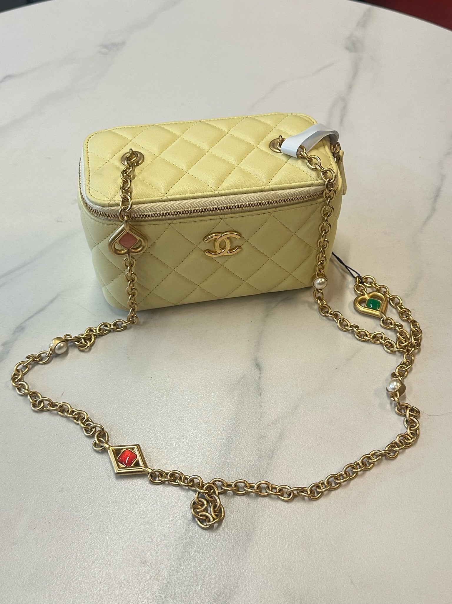 CHANEL Vanity Case  Matelasse Light Yellow Calfskin Vanity Bag