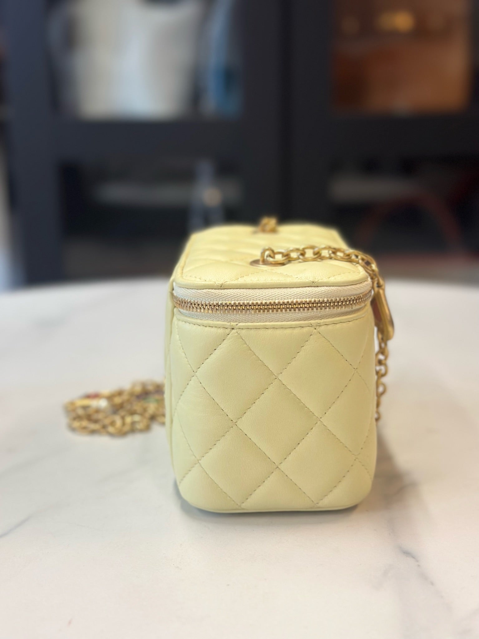 CHANEL Vanity Case  Matelasse Light Yellow Calfskin Vanity Bag