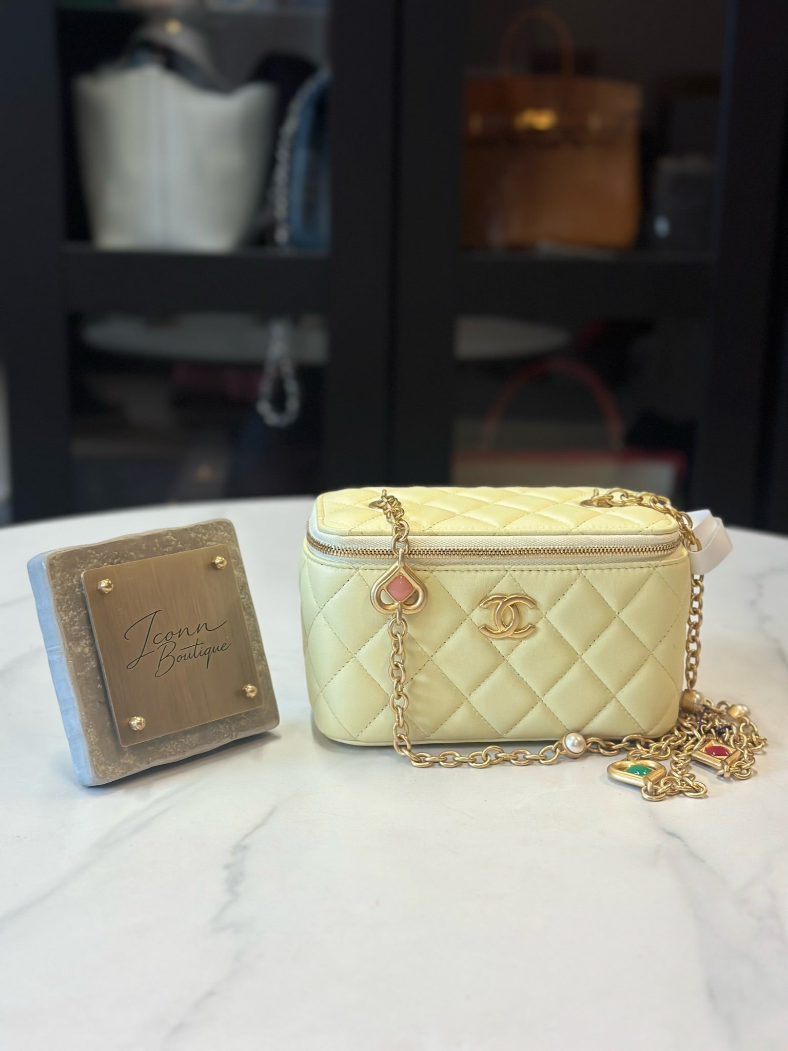 CHANEL Vanity Case  Matelasse Light Yellow Calfskin Vanity Bag