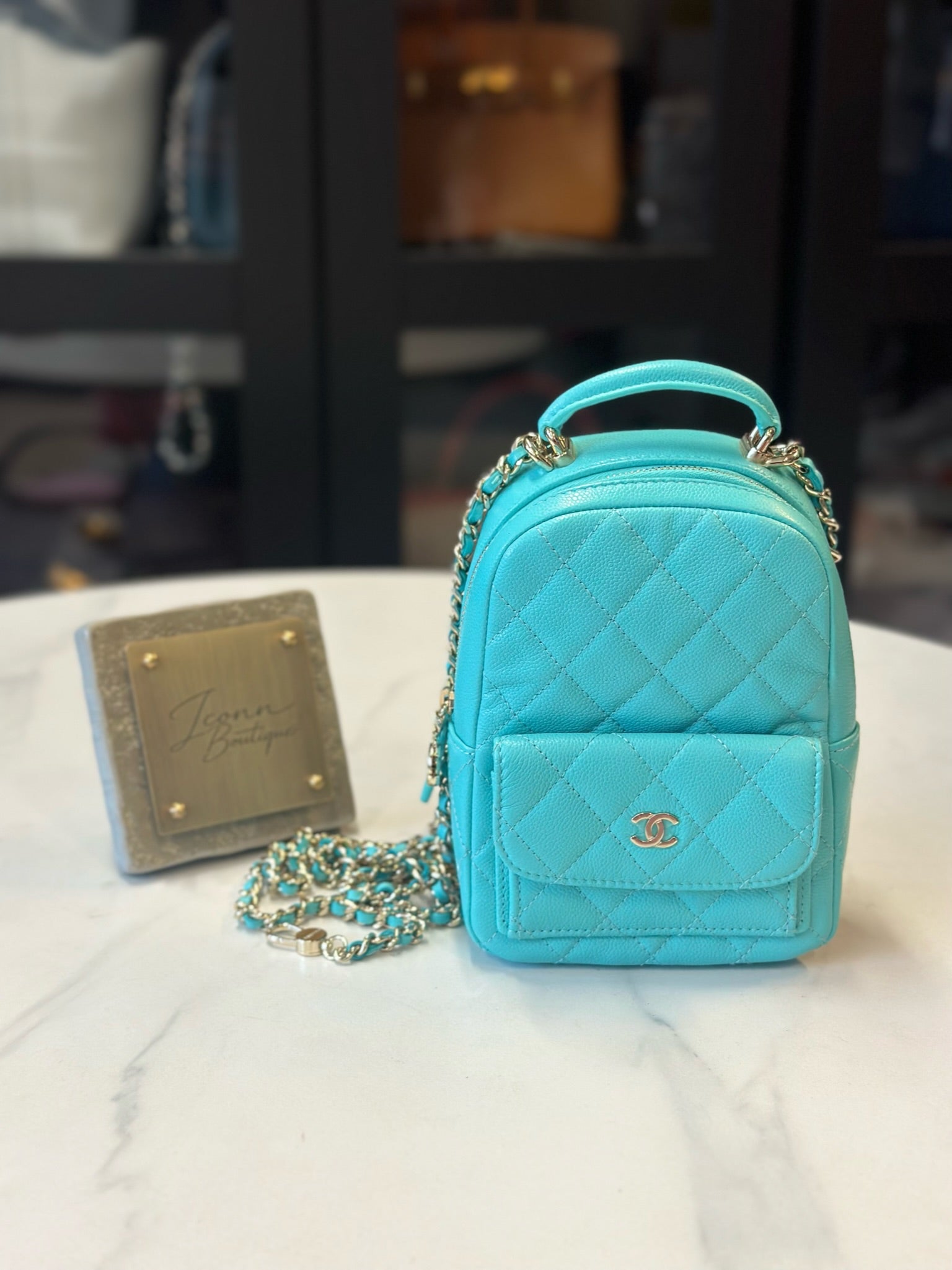 Chanel Caviar Skin Turquoise Mini Backpack Blue Leather