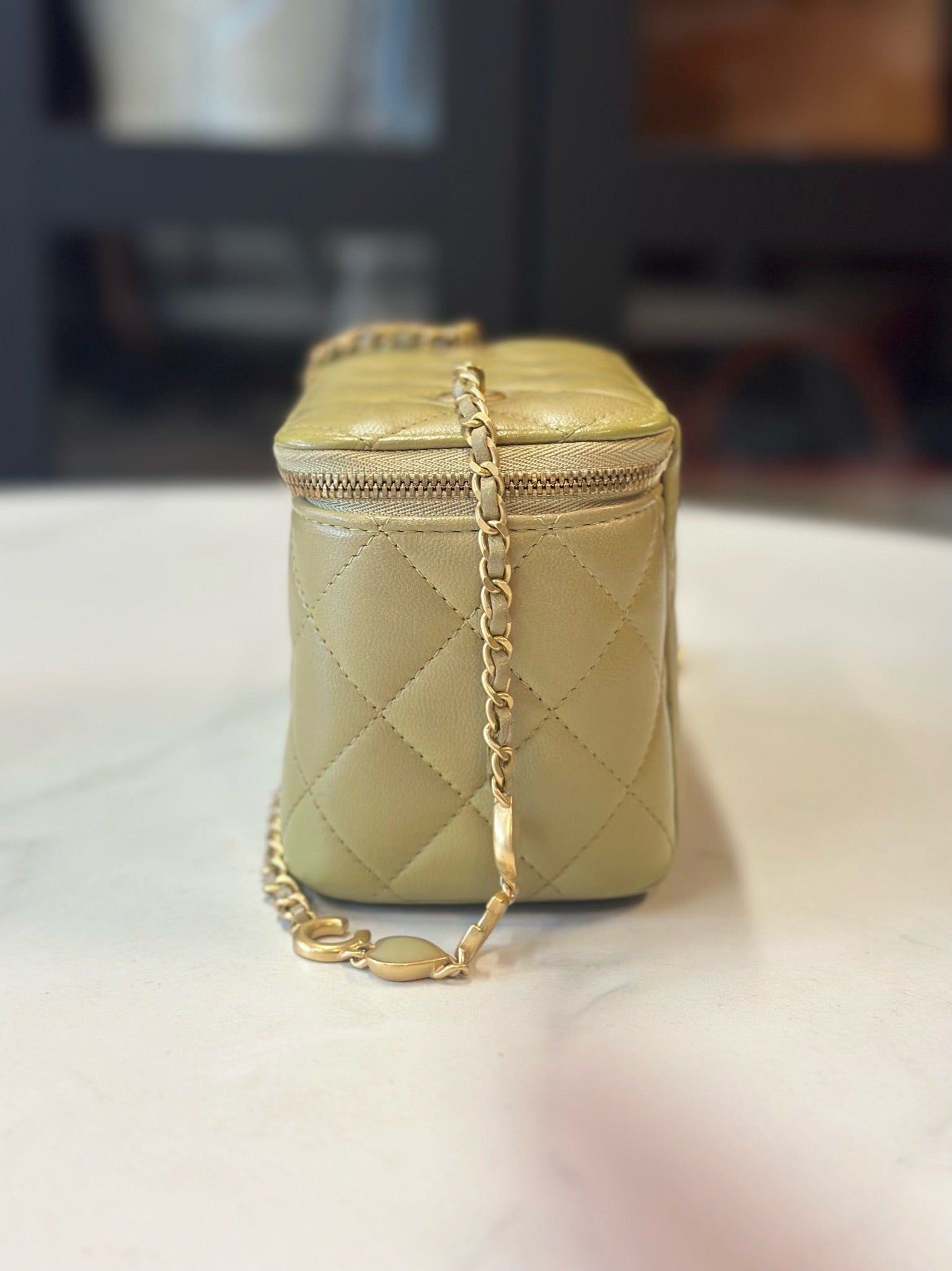 Chanel Lambskin Quilted Small Top Handle Vanity Case With Chain Green