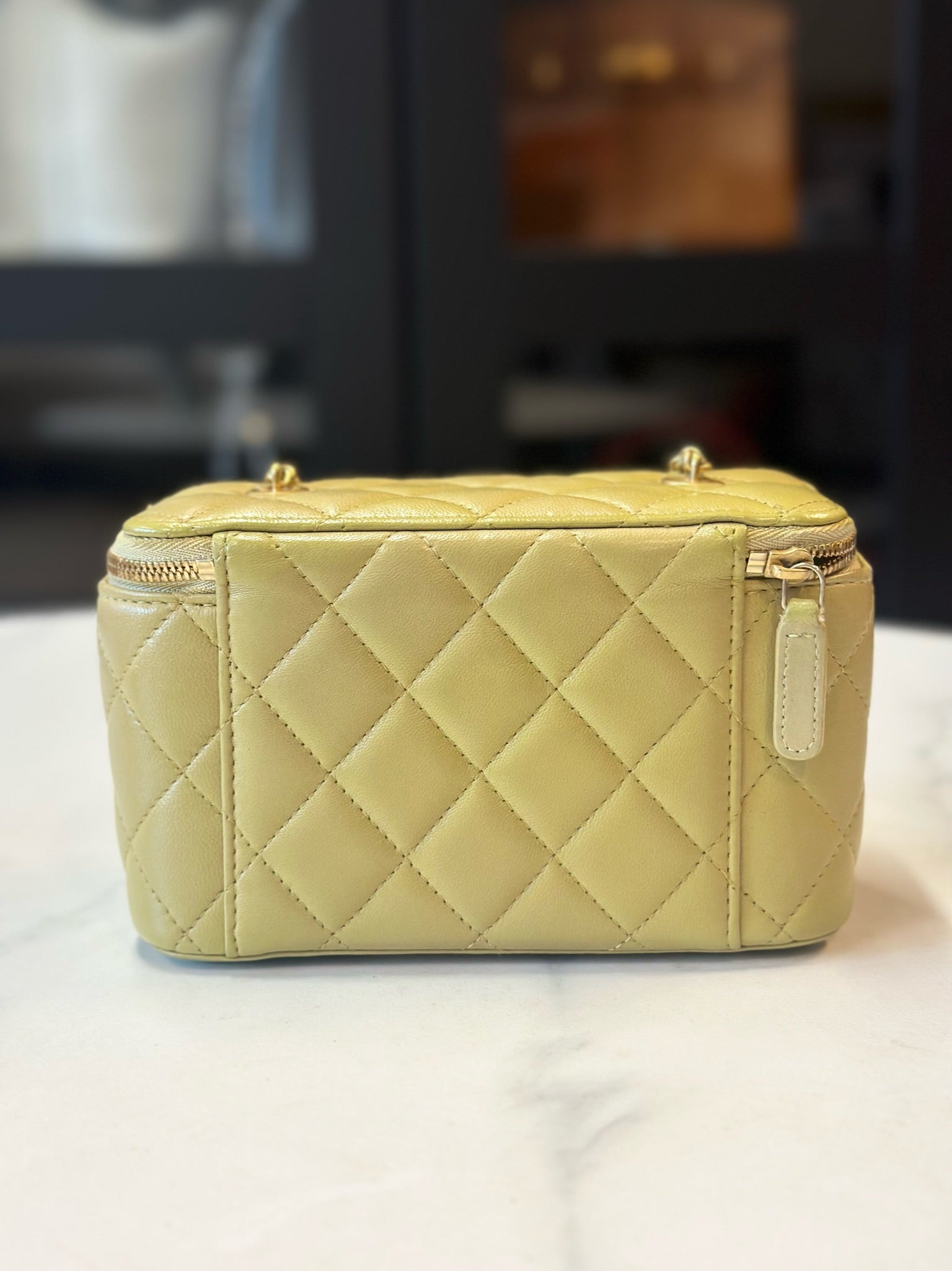 Chanel Lambskin Quilted Small Top Handle Vanity Case With Chain Green