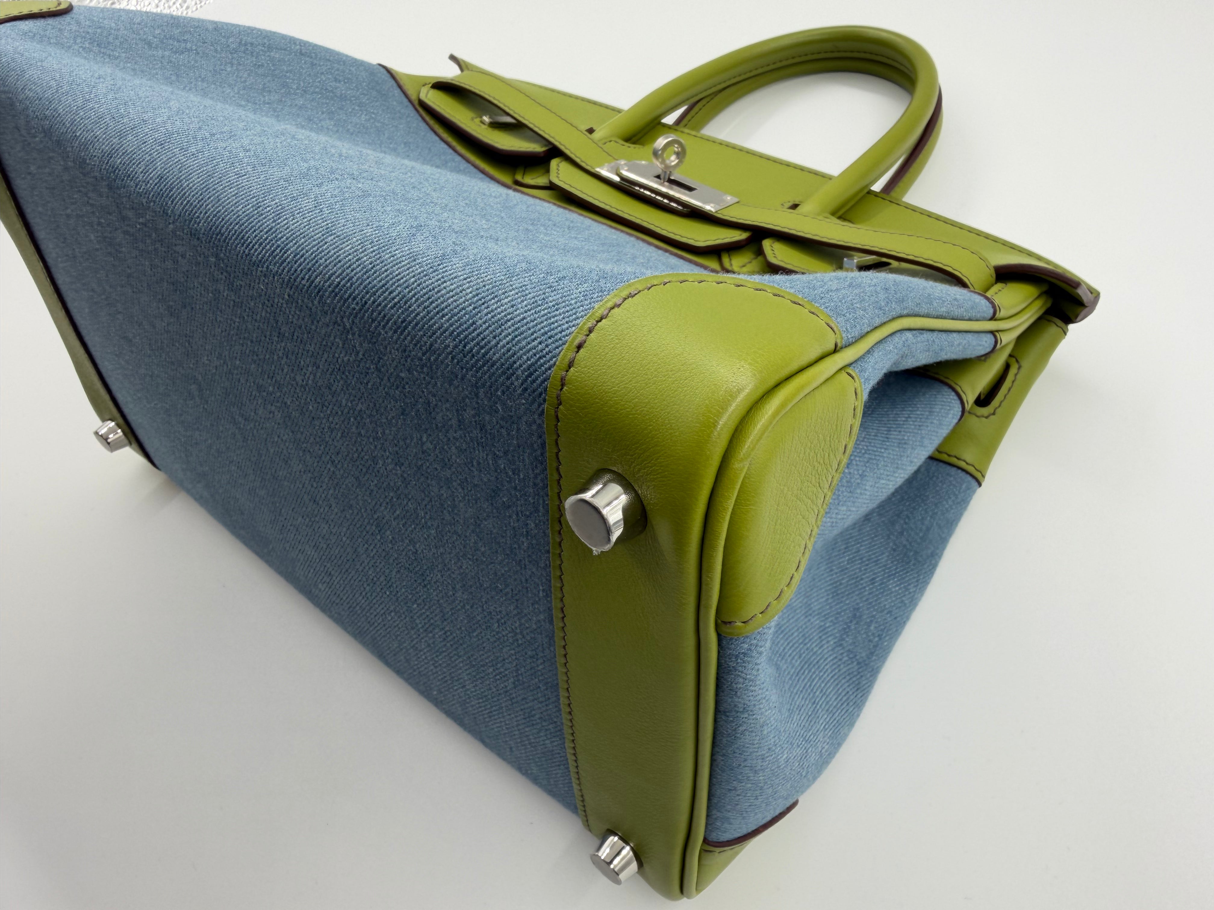 *LONDON LOCATED* PRELOVED HERMÈS BIRKIN 30CM VERT ANIS Swift Leather and Denim Toile with Palladium Hardware