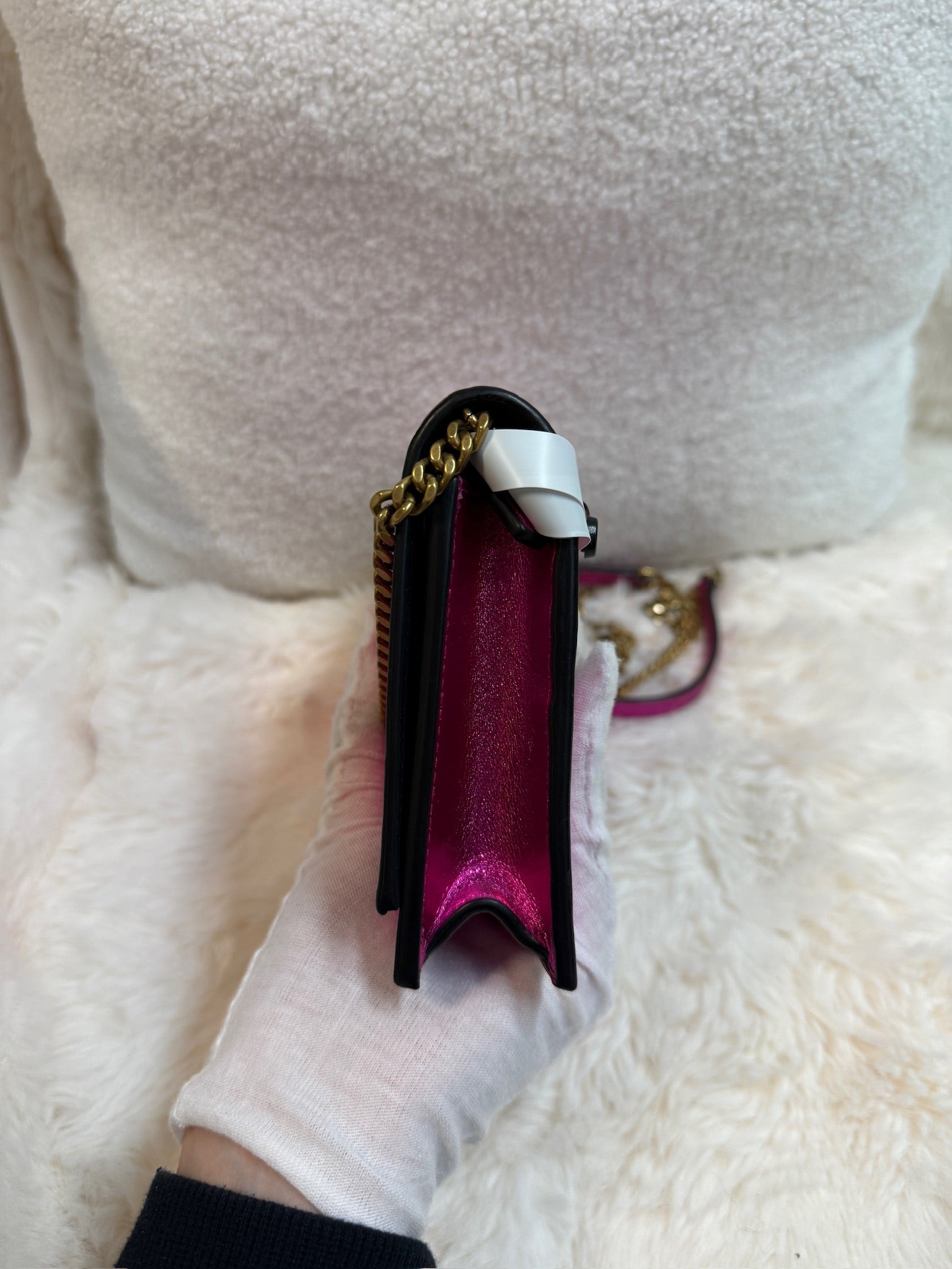YSL Kate Tassel Chain Wallet – Metallic Fuchsia