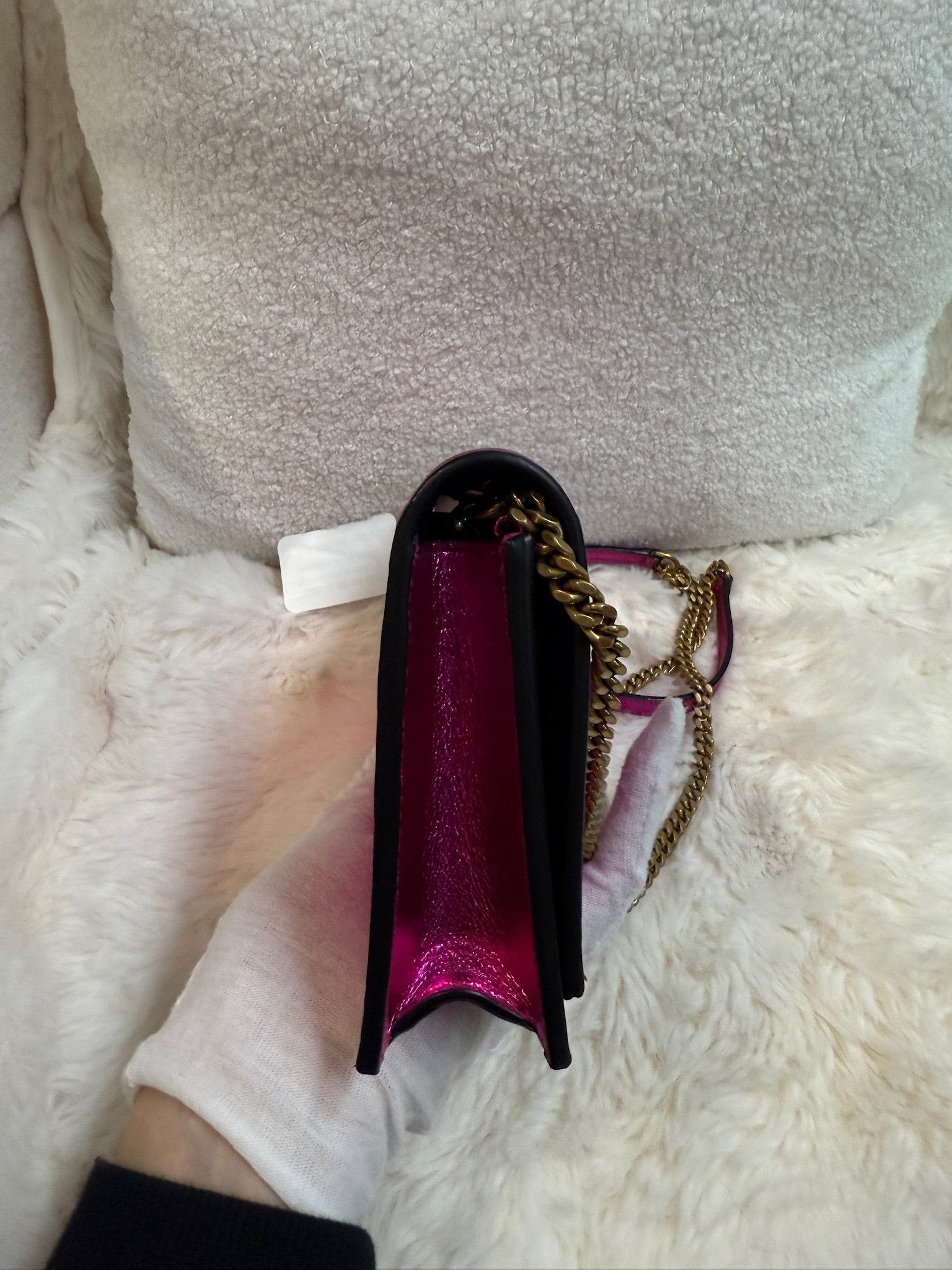 YSL Kate Tassel Chain Wallet – Metallic Fuchsia