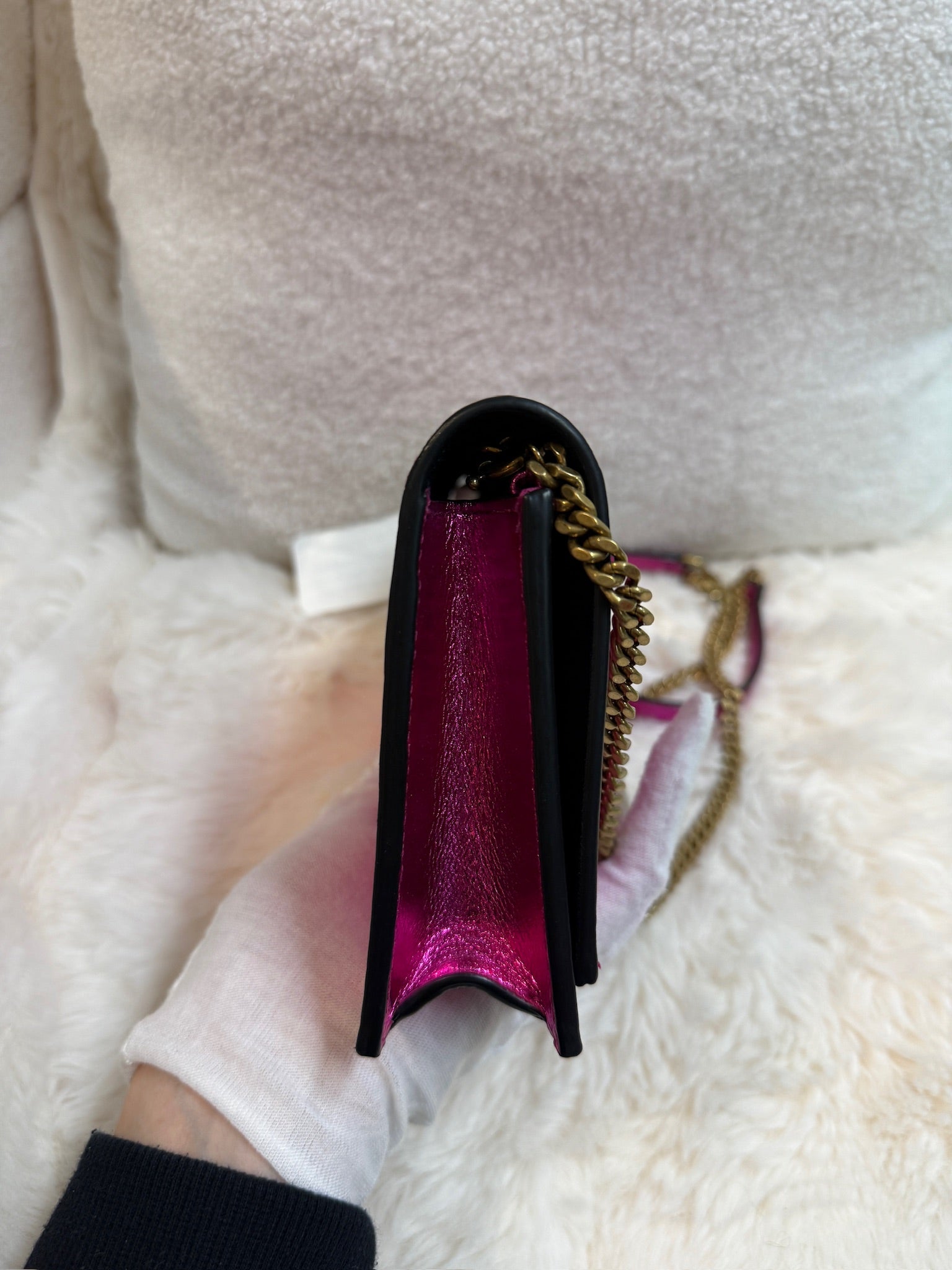 YSL Kate Tassel Chain Wallet – Metallic Fuchsia