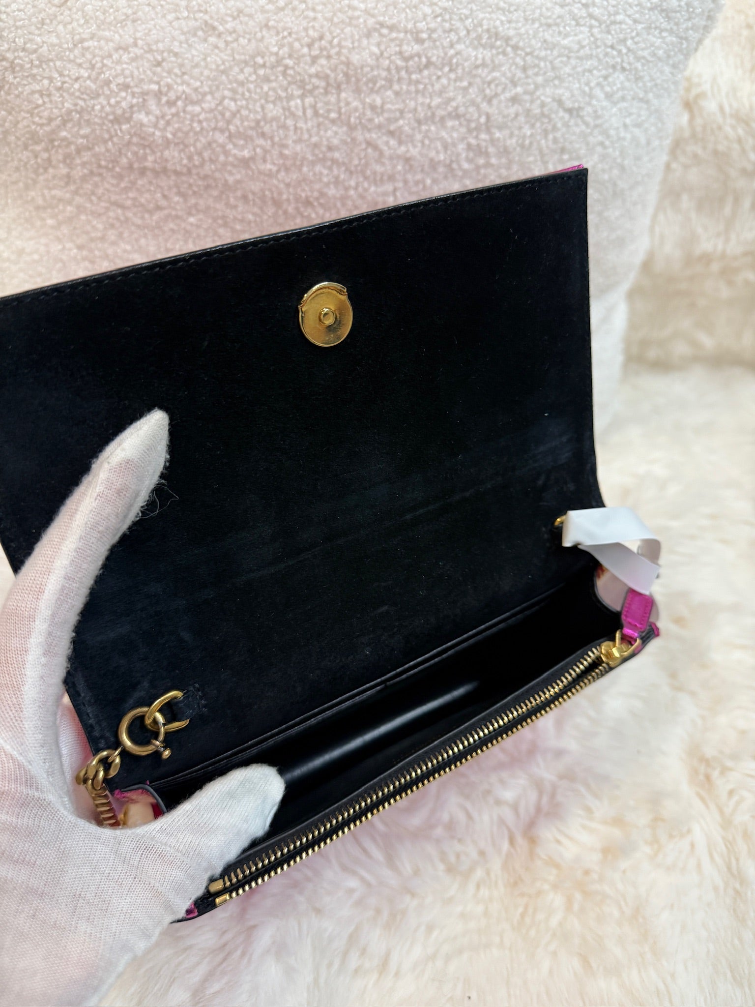 YSL Kate Tassel Chain Wallet – Metallic Fuchsia