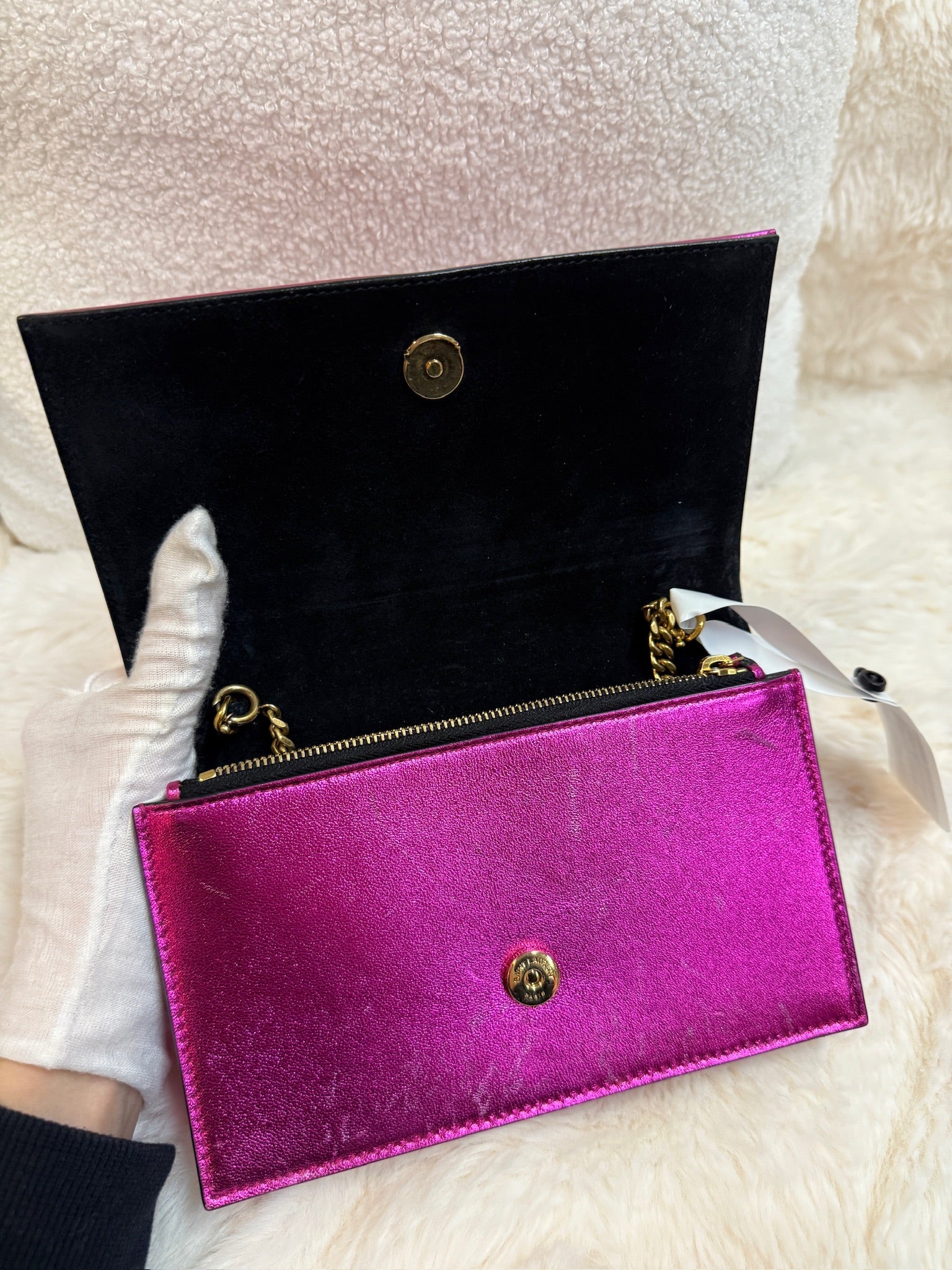 YSL Kate Tassel Chain Wallet – Metallic Fuchsia