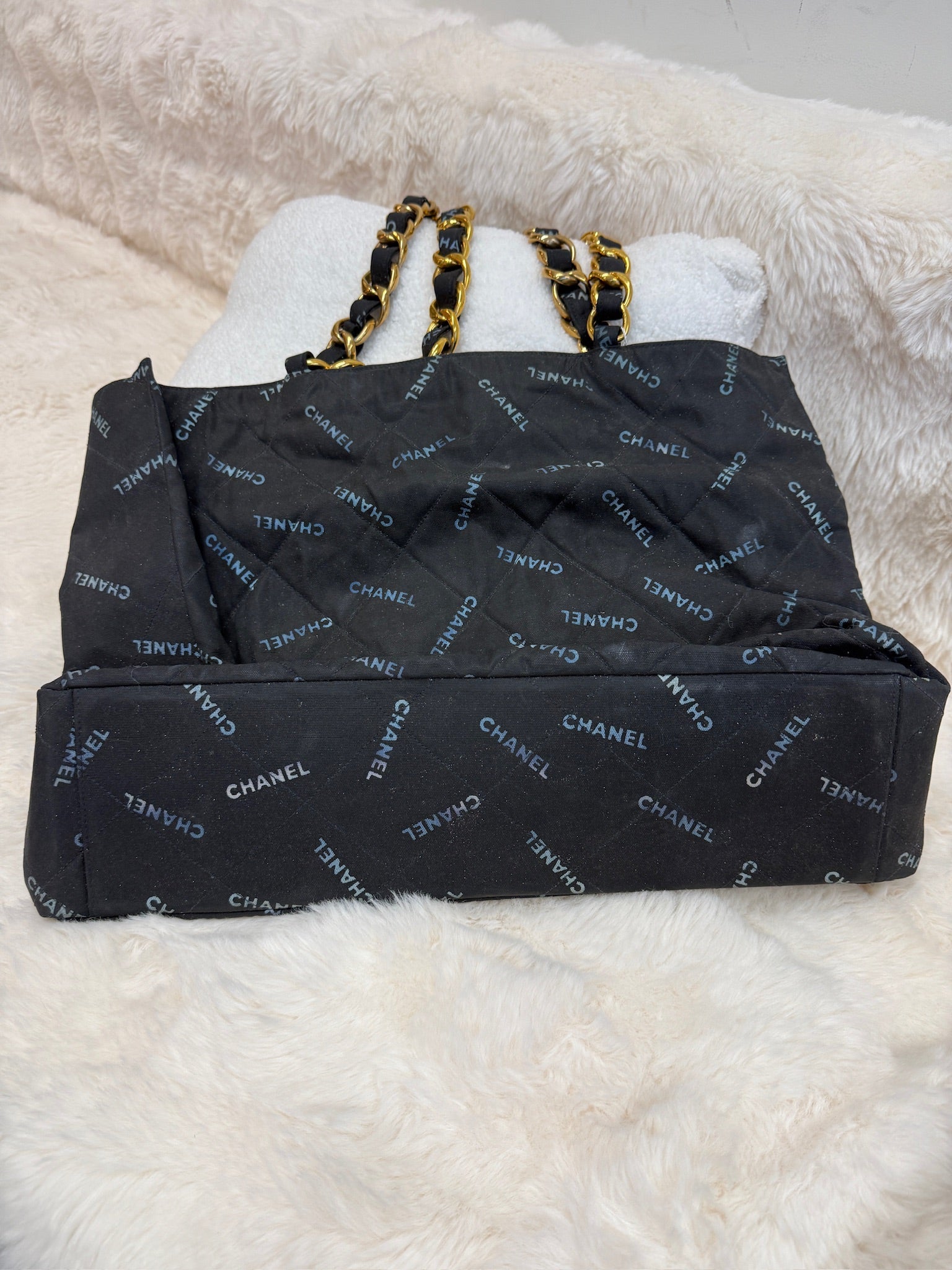 Chanel Logo Print Fabric Chain Tote