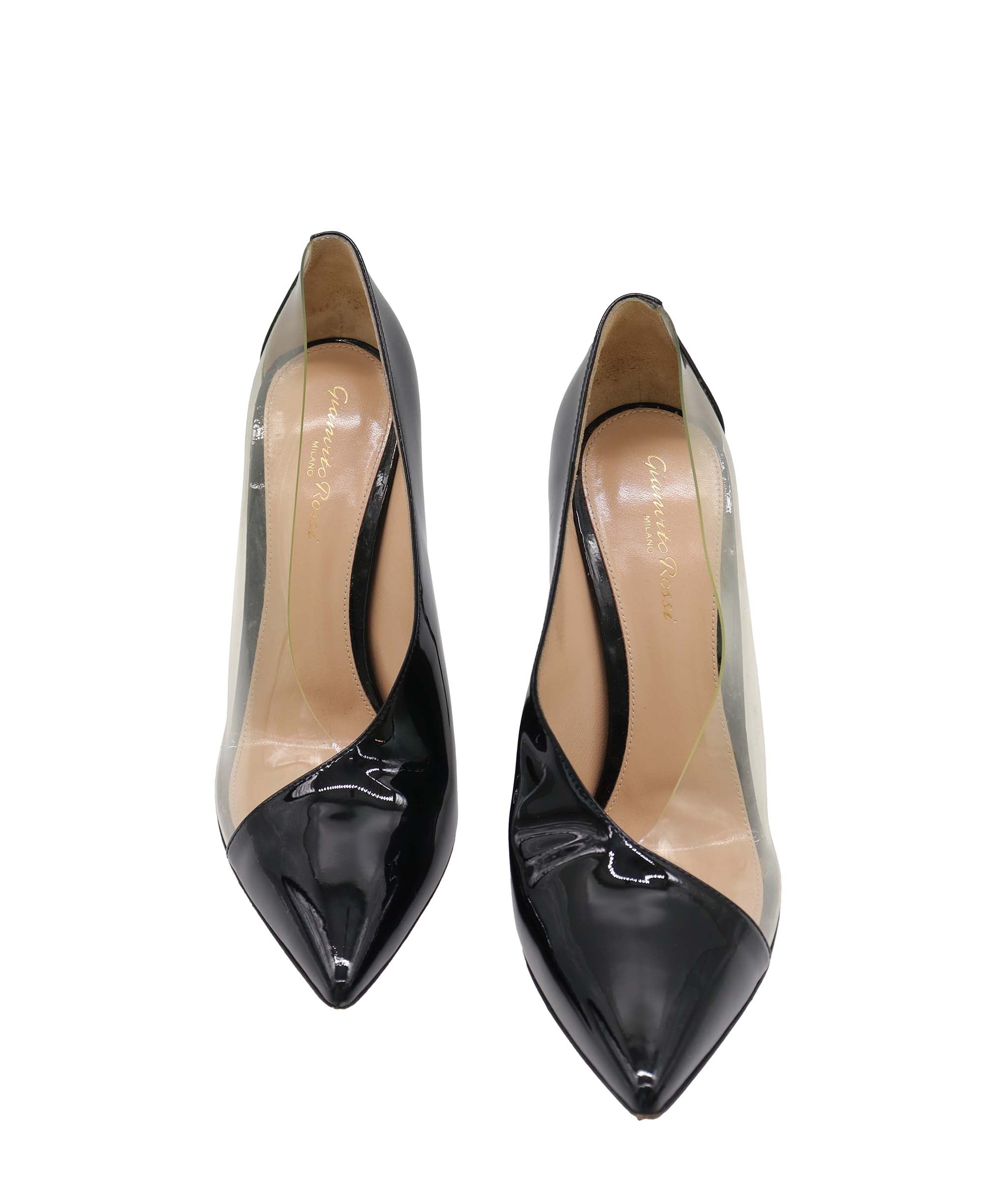 GIANVITO ROSSI PLEXI PUMPS  BLACK PATENT LEATHER / CLEAR PVC SIZE 38 1/2 ASC7296
