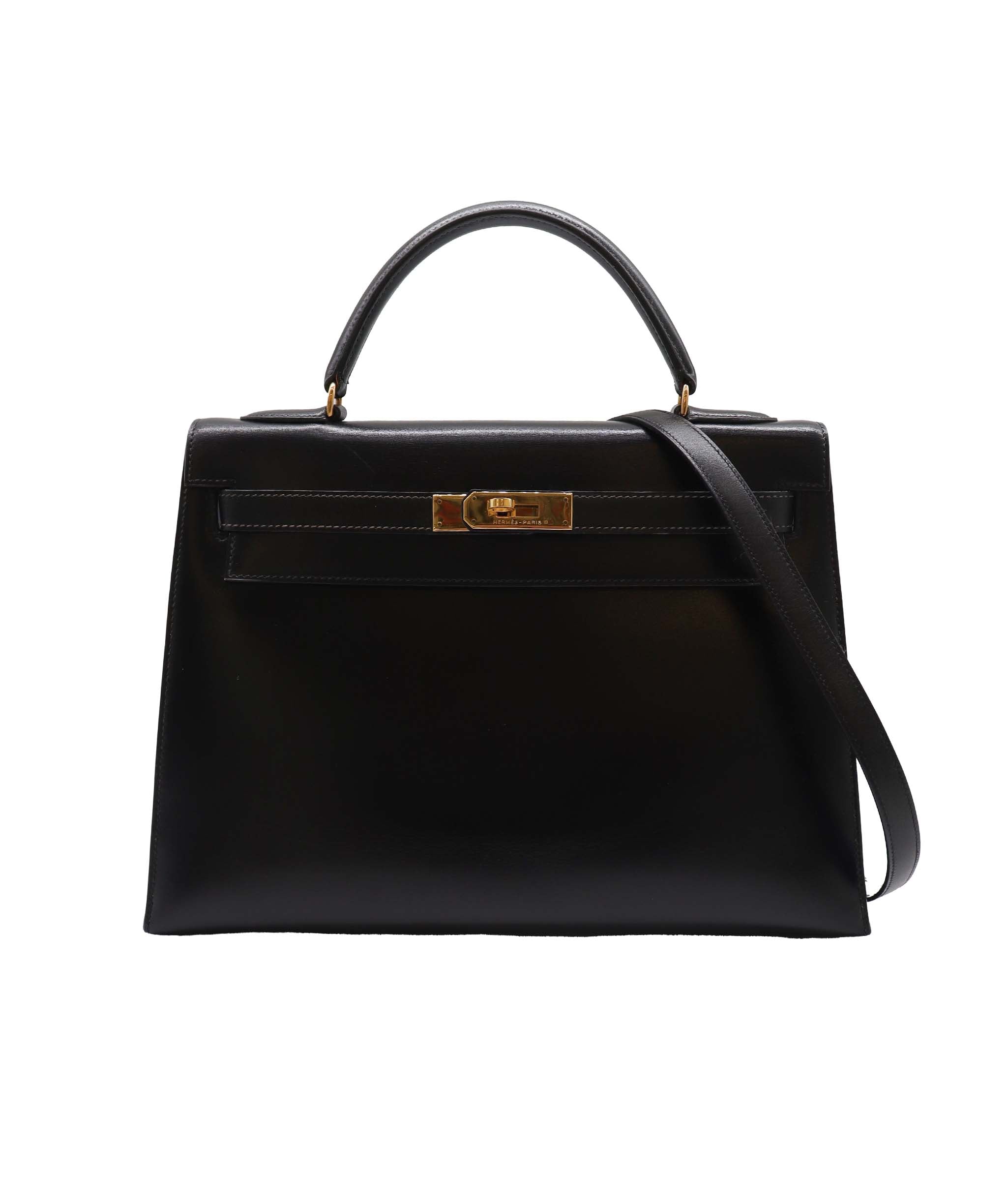 HERMES KELLY 32 SELLIER BLACK BOX CALF HAND SHOULDER BAG 〇S DXBS2222