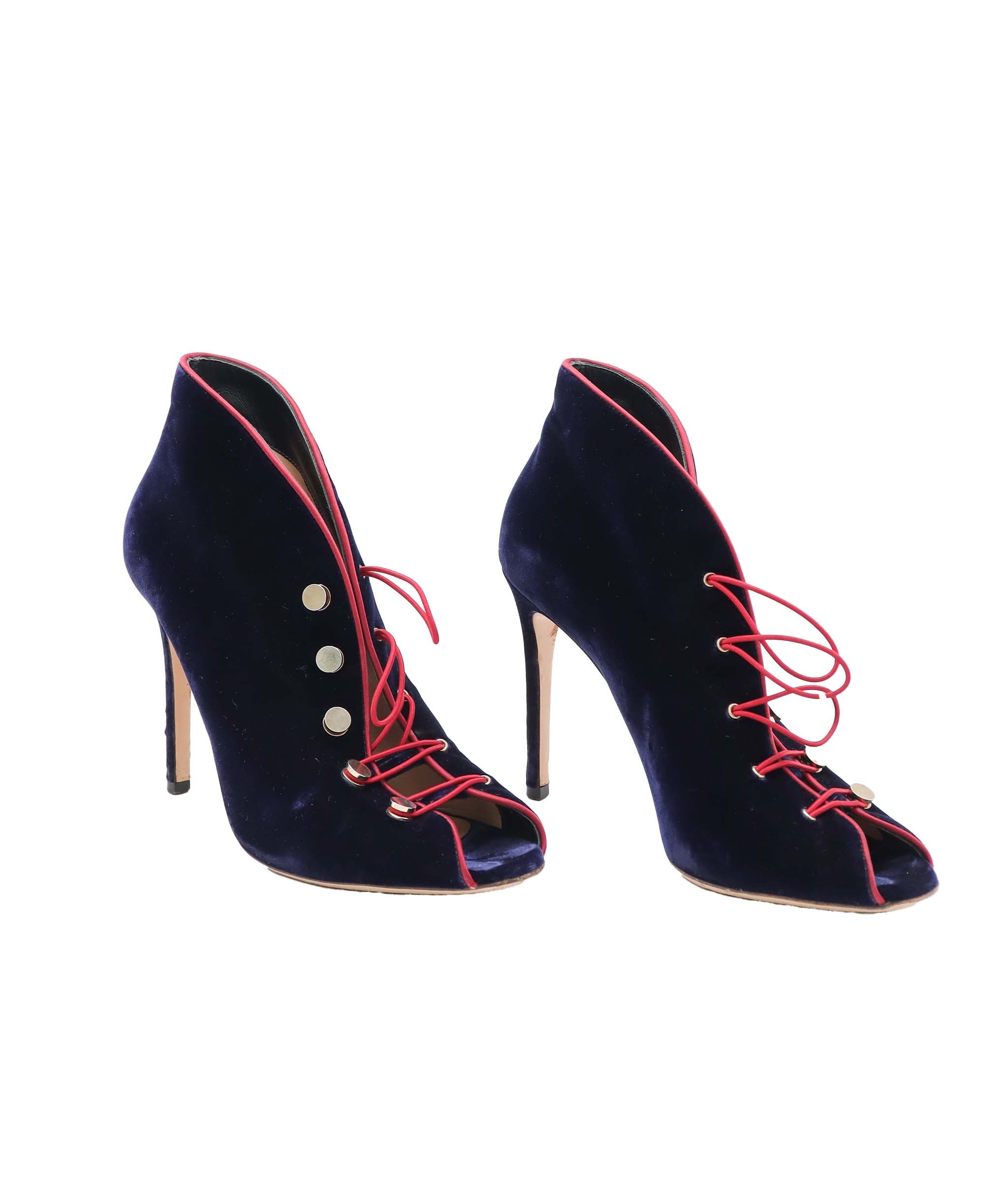 GIANVITO ROSSI MIRAL NAVY BLUE VELVET BOOTS NAVY BLUE - RED SATIN PIPING SIZE 38 1/2 ASC7300