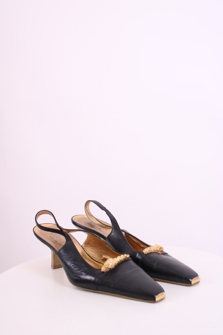 Gucci Dragon Accent Slingback Heels Black/ Gold 40.5