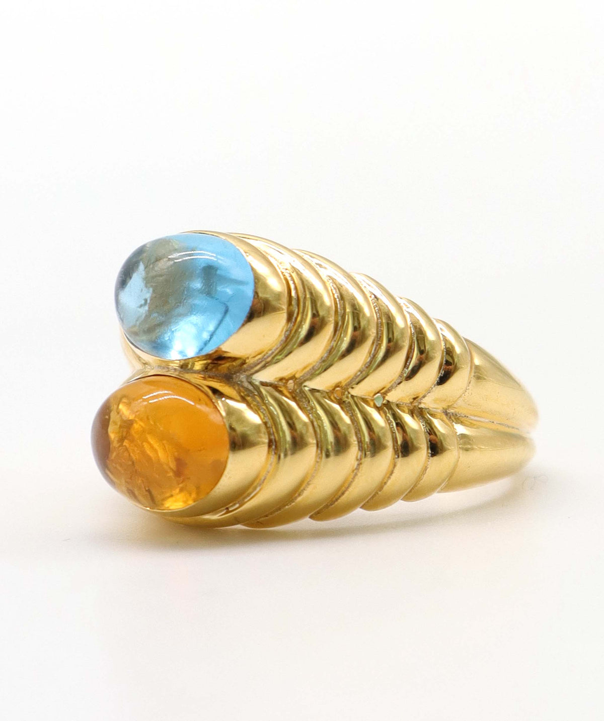 18K Yellow Gold 2ct Blue Topaz & 2ct Citrine Bypass Cocktail Ring