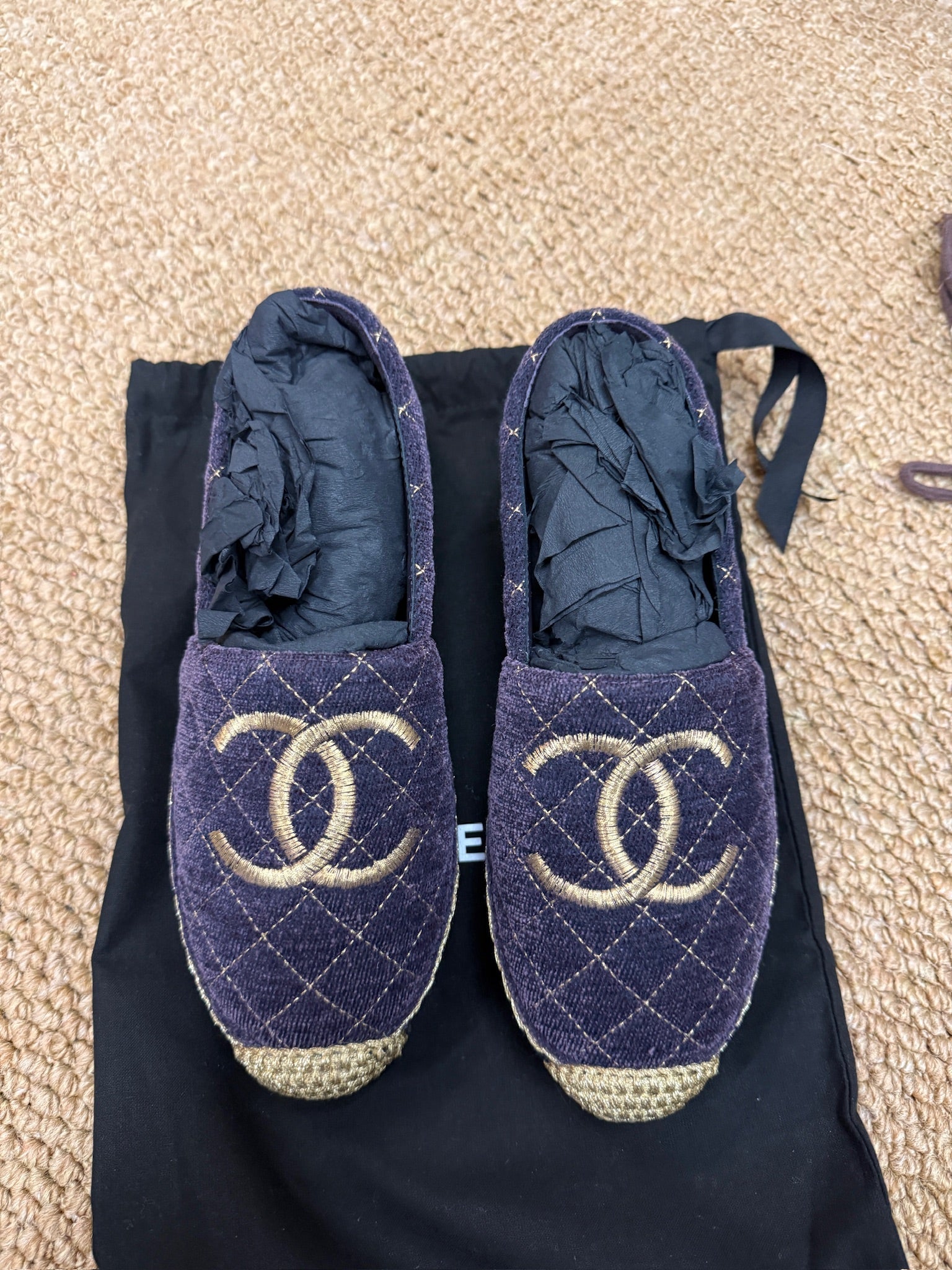 EU36-Chanel Quilted Velvet Espadrilles – NEW