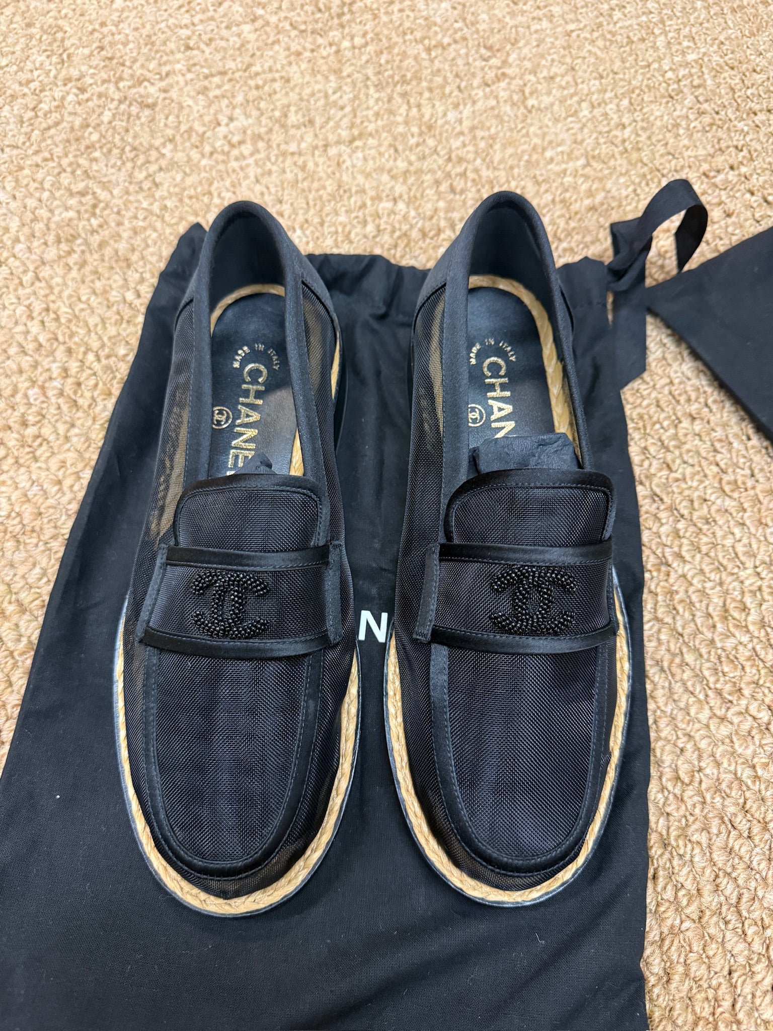 EU36.5-Chanel Black Mesh CC Loafers – NEW