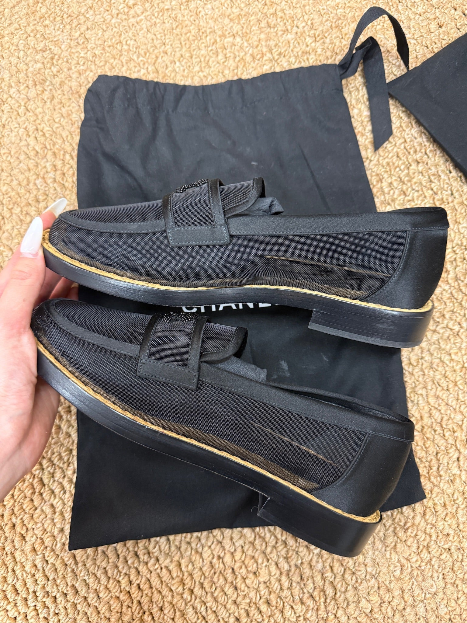 EU36.5-Chanel Black Mesh CC Loafers – NEW