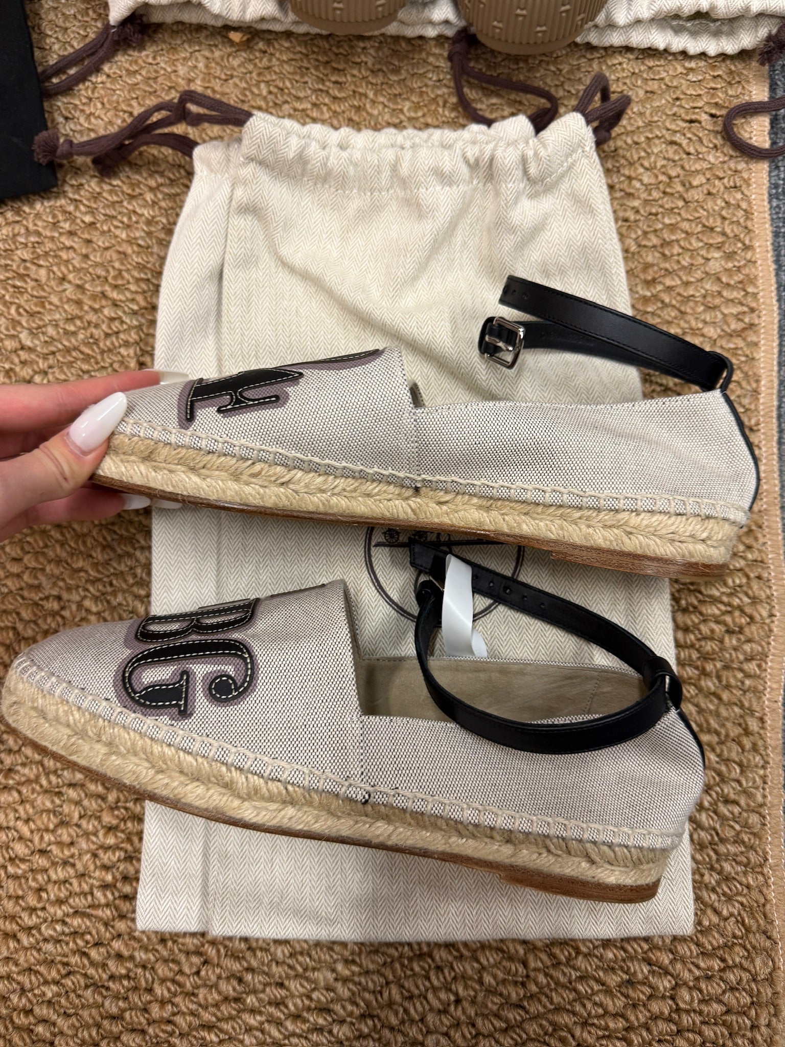 EU37 - Hermès Logo Canvas Espadrilles with Ankle Strap – NEW
