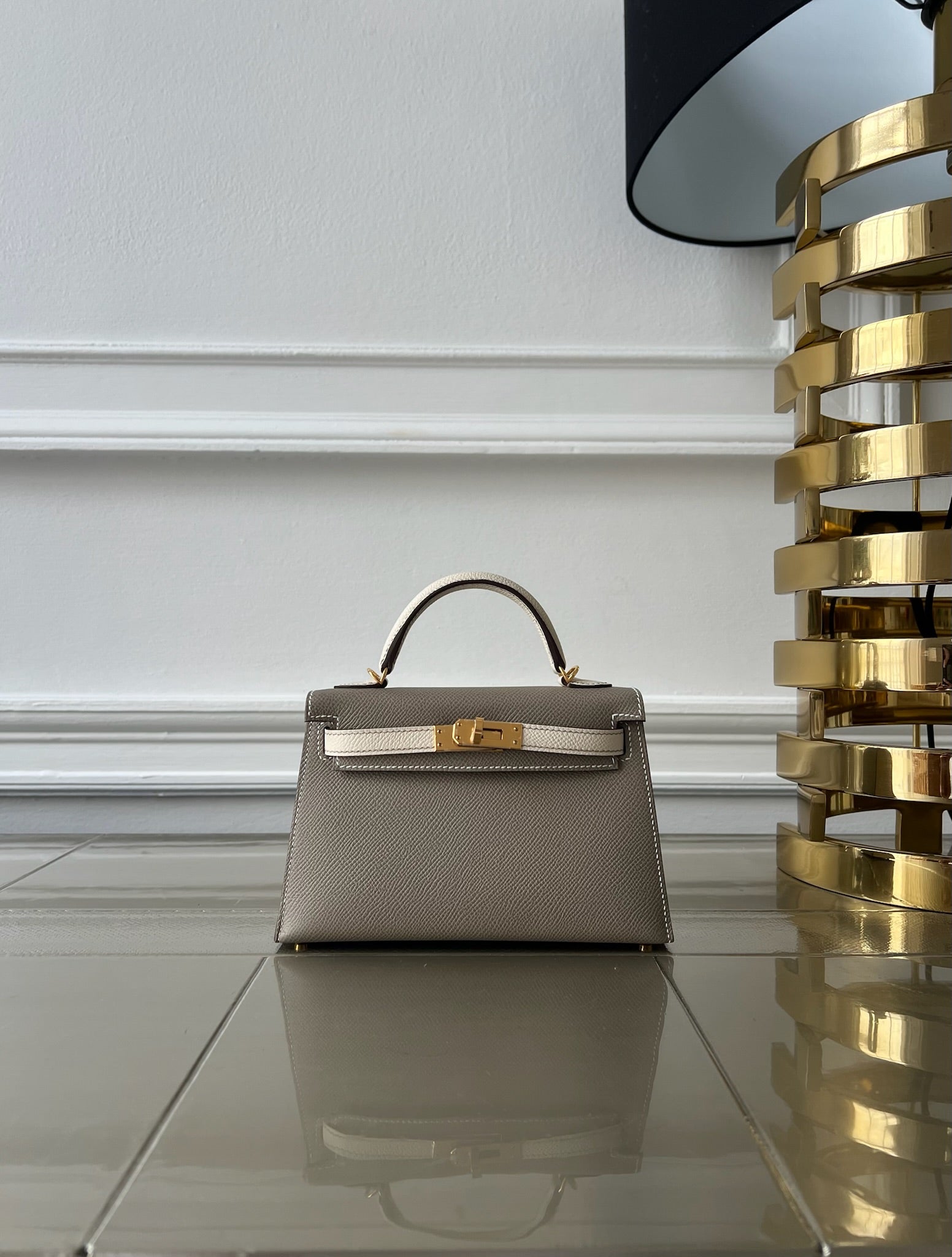 HERMÈS MINI KELLY II 20CM HSS SPECIAL ORDER GRIS ASPHALTE & CRAIE Epsom Leather with Gold Hardware