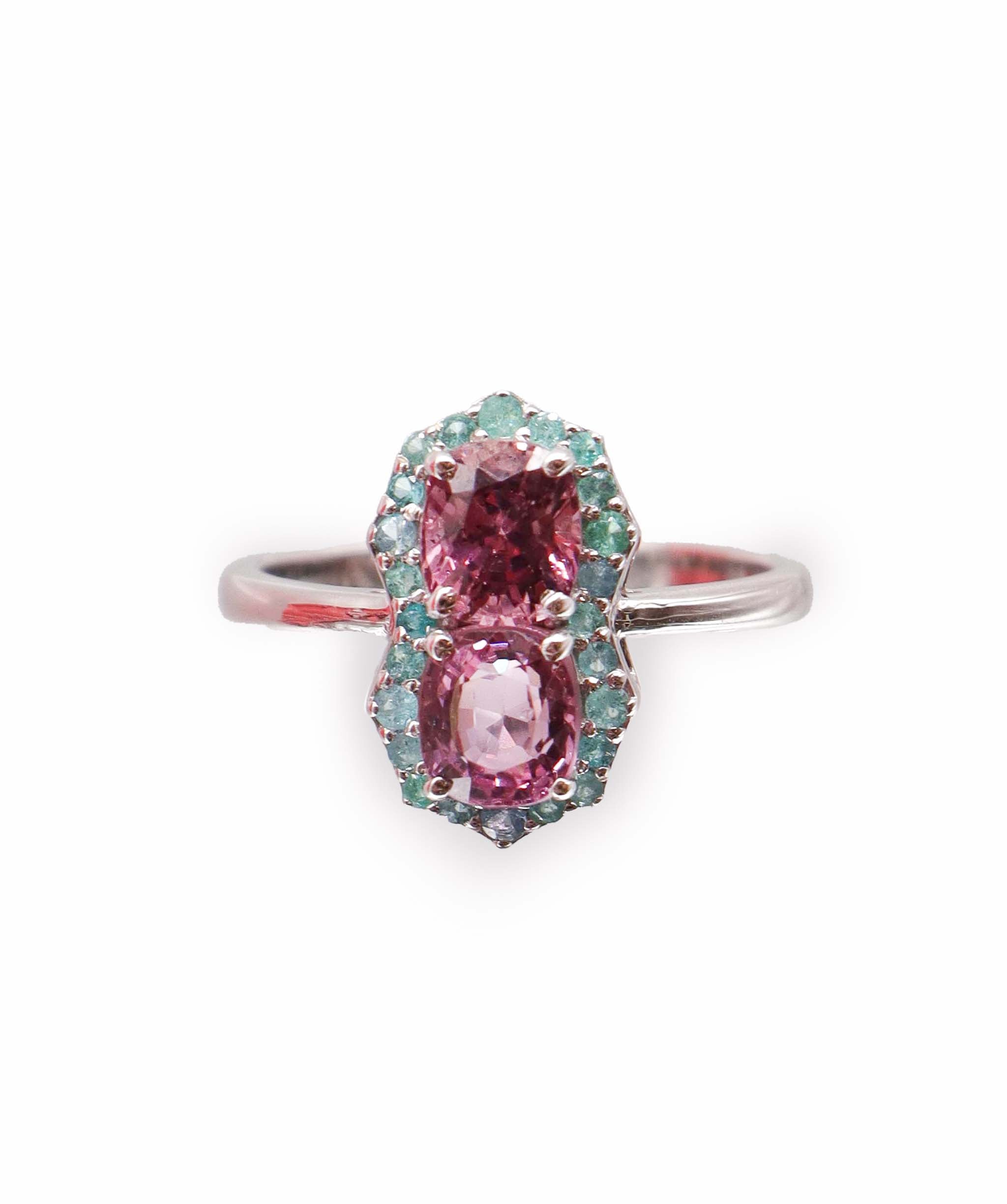 1.97ct pink spinel and green brazilian paraiba dust size 55 WG Ring  DXBS5659