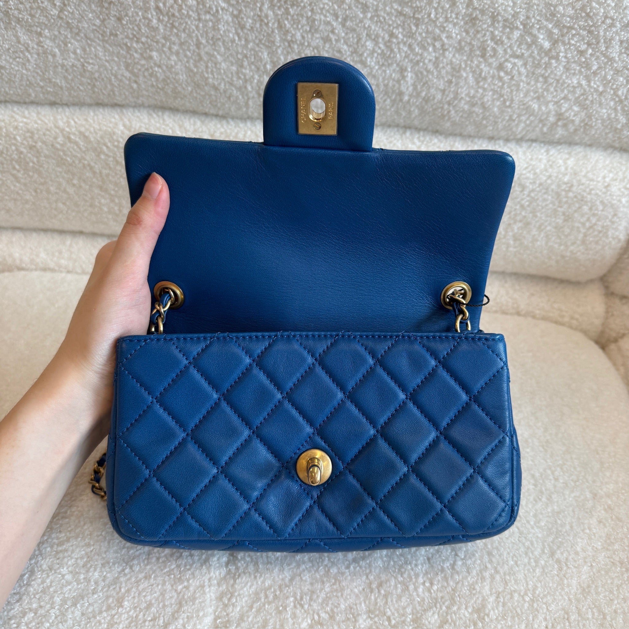 Chanel Blue Mini Rectangular Lambskin Pearl Crush Flap