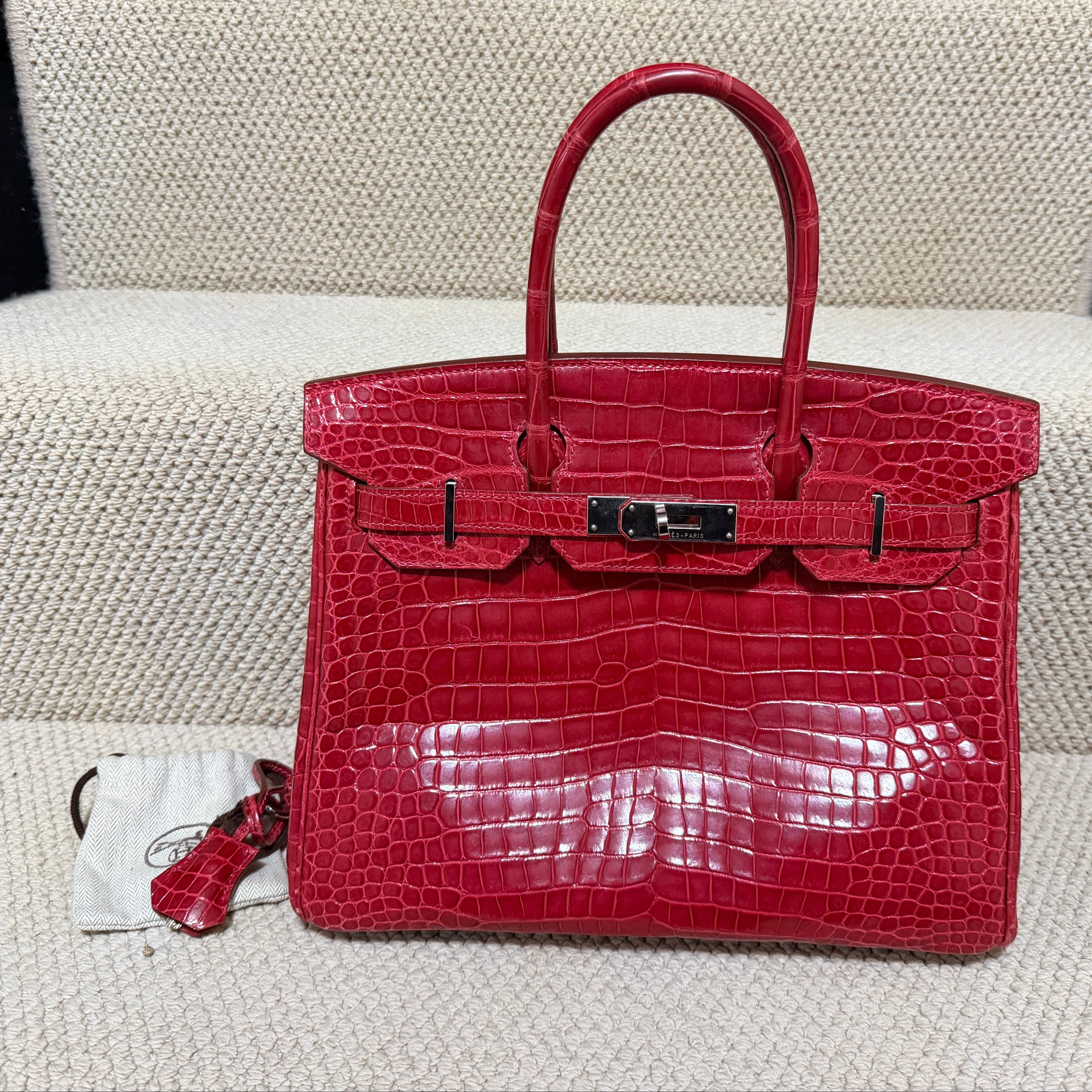Hermès Birkin 30 – Shiny crocodile  – Bougainviller– Square M (2009) – Palladium Hardware