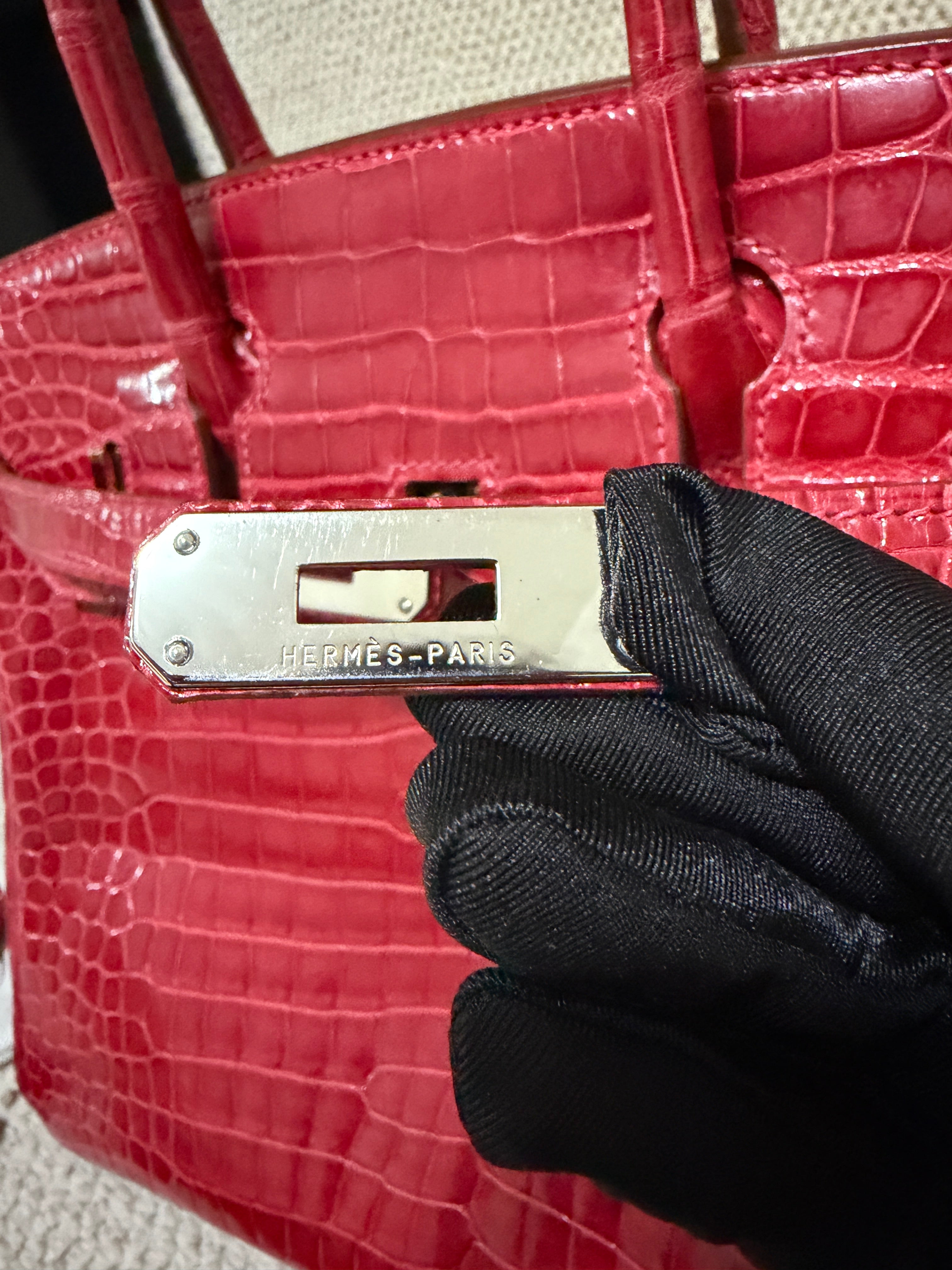 Hermès Birkin 30 – Shiny crocodile  – Bougainviller– Square M (2009) – Palladium Hardware