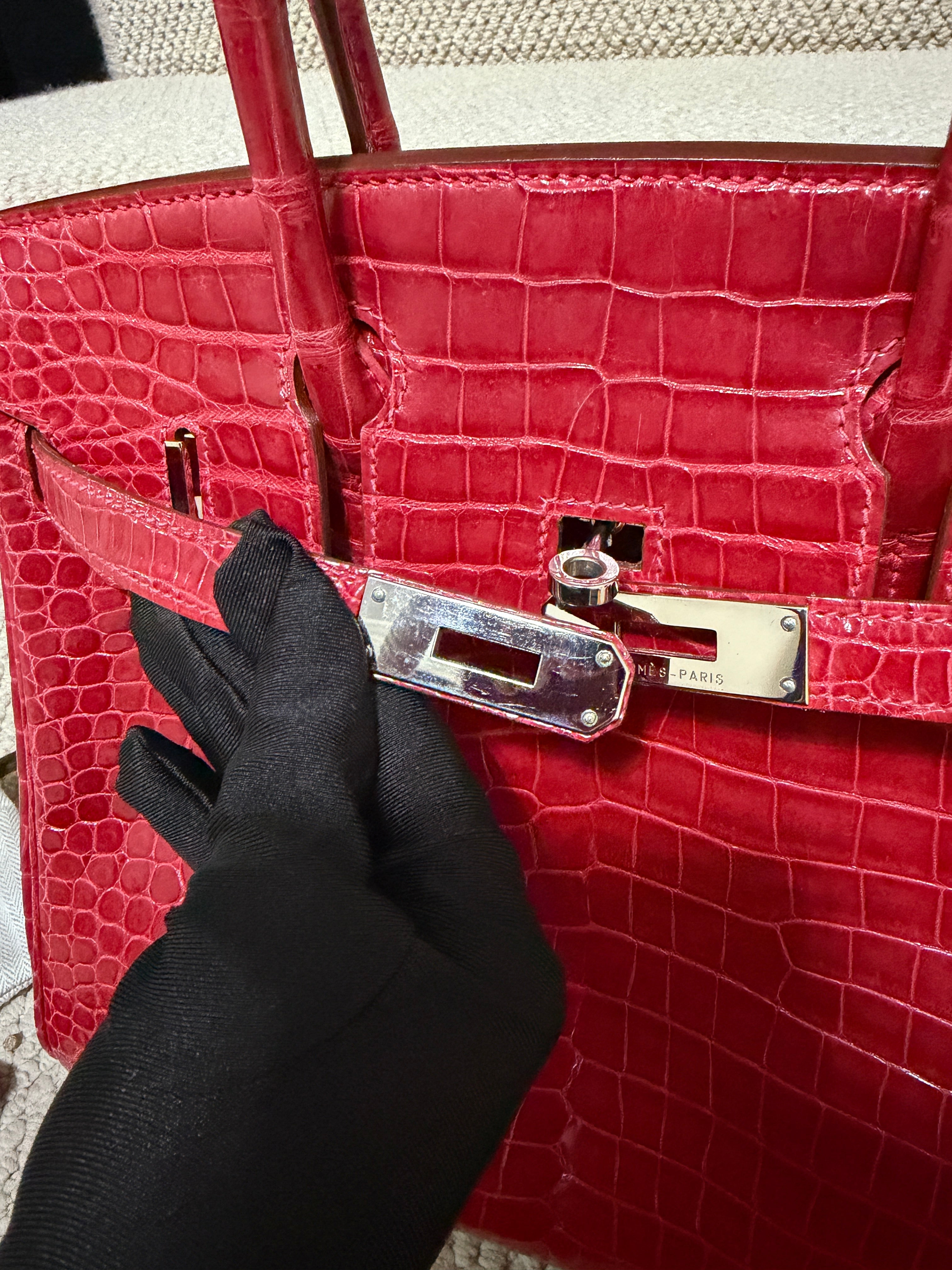 Hermès Birkin 30 – Shiny crocodile  – Bougainviller– Square M (2009) – Palladium Hardware