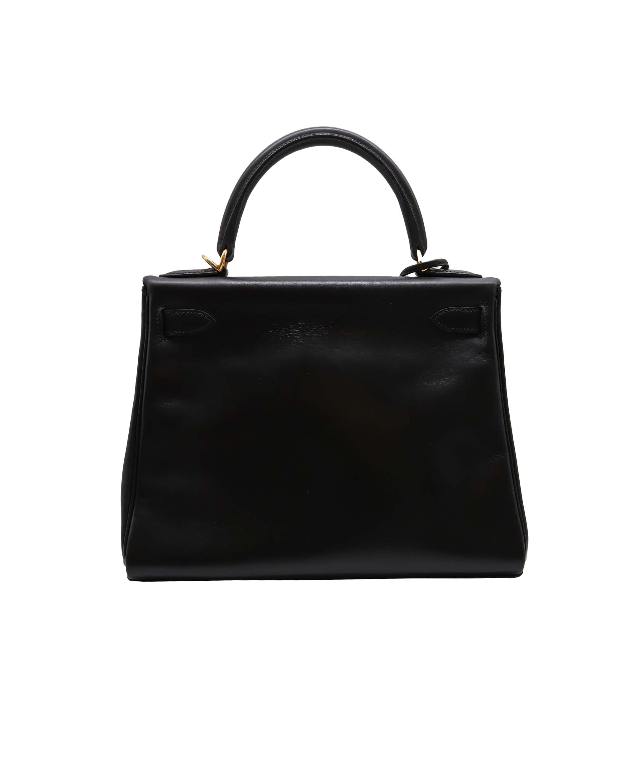 HERMES KELLY 28 RETOURNE BLACK BOXCALF HAND SHOULDER BAG □D 90251946 DXBS1351