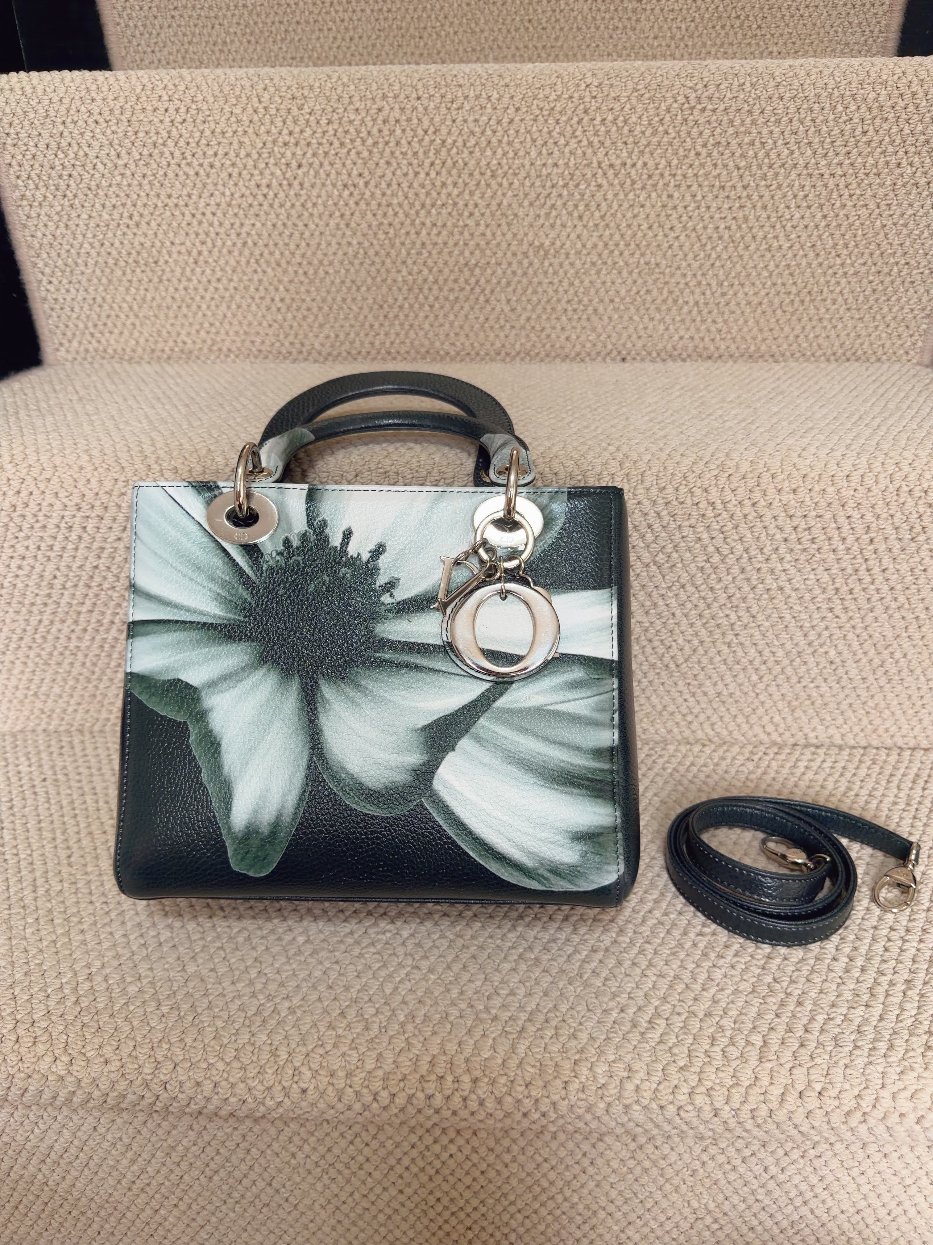 Dior Lady Dior Medium – Green Floral Leather – Palladium Hardware – With Strap