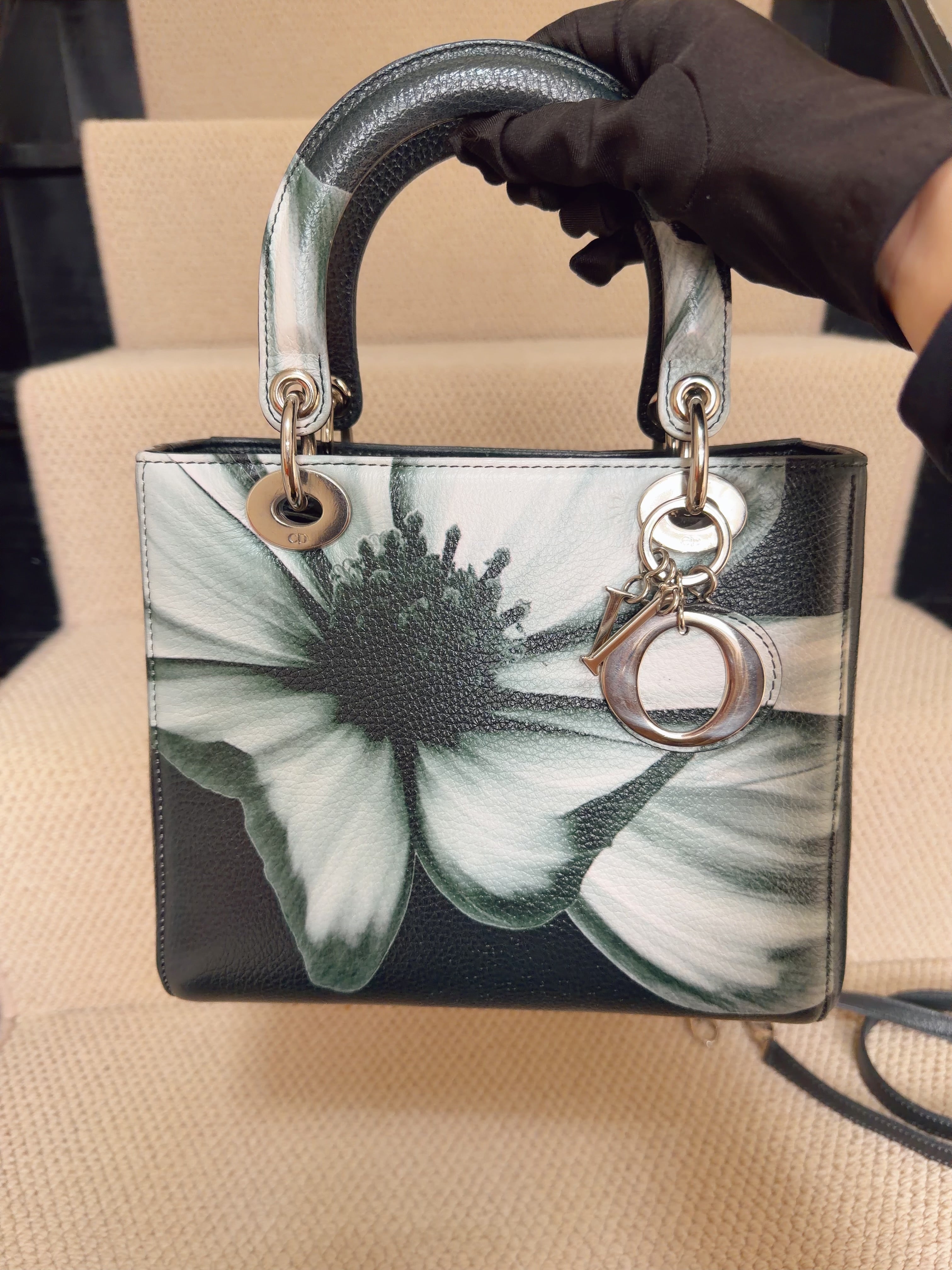 Dior Lady Dior Medium – Green Floral Leather – Palladium Hardware – With Strap