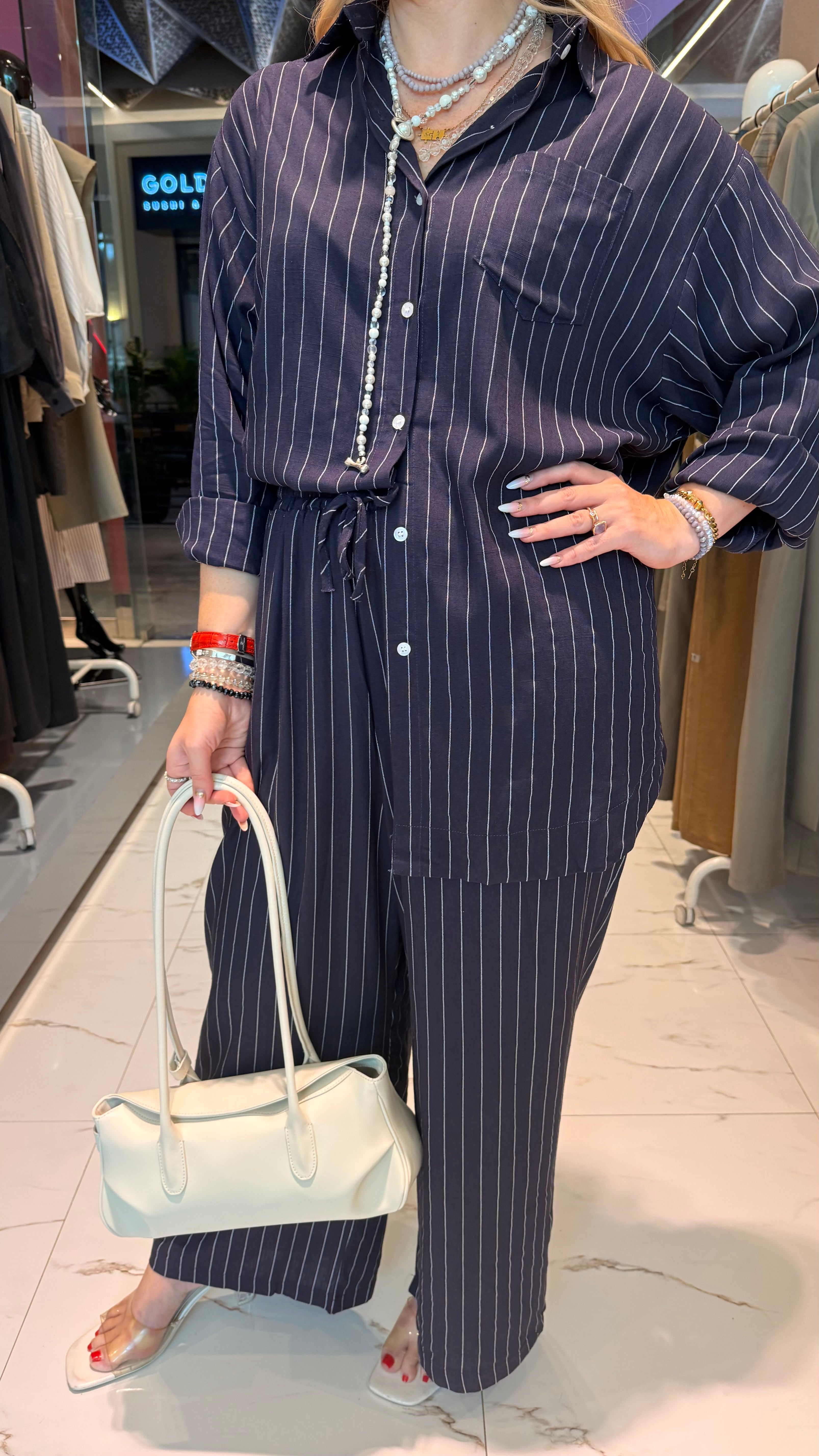 LOOSE FIT STRIPED 2PC SET  زوج (SHIRT & PANTS قميص وبنطلون) “JANE LEE"