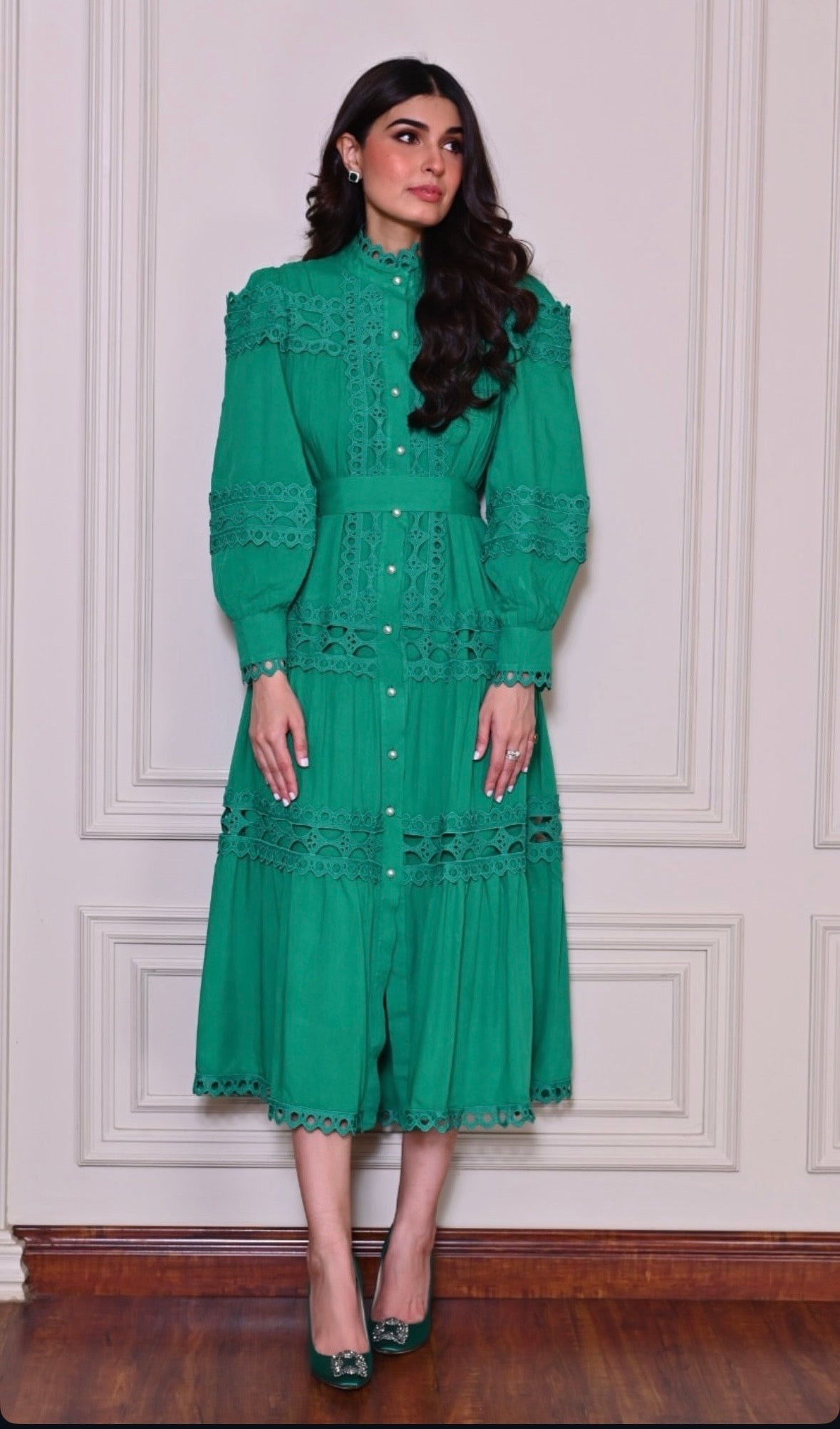 lace dress with belt green zah17
