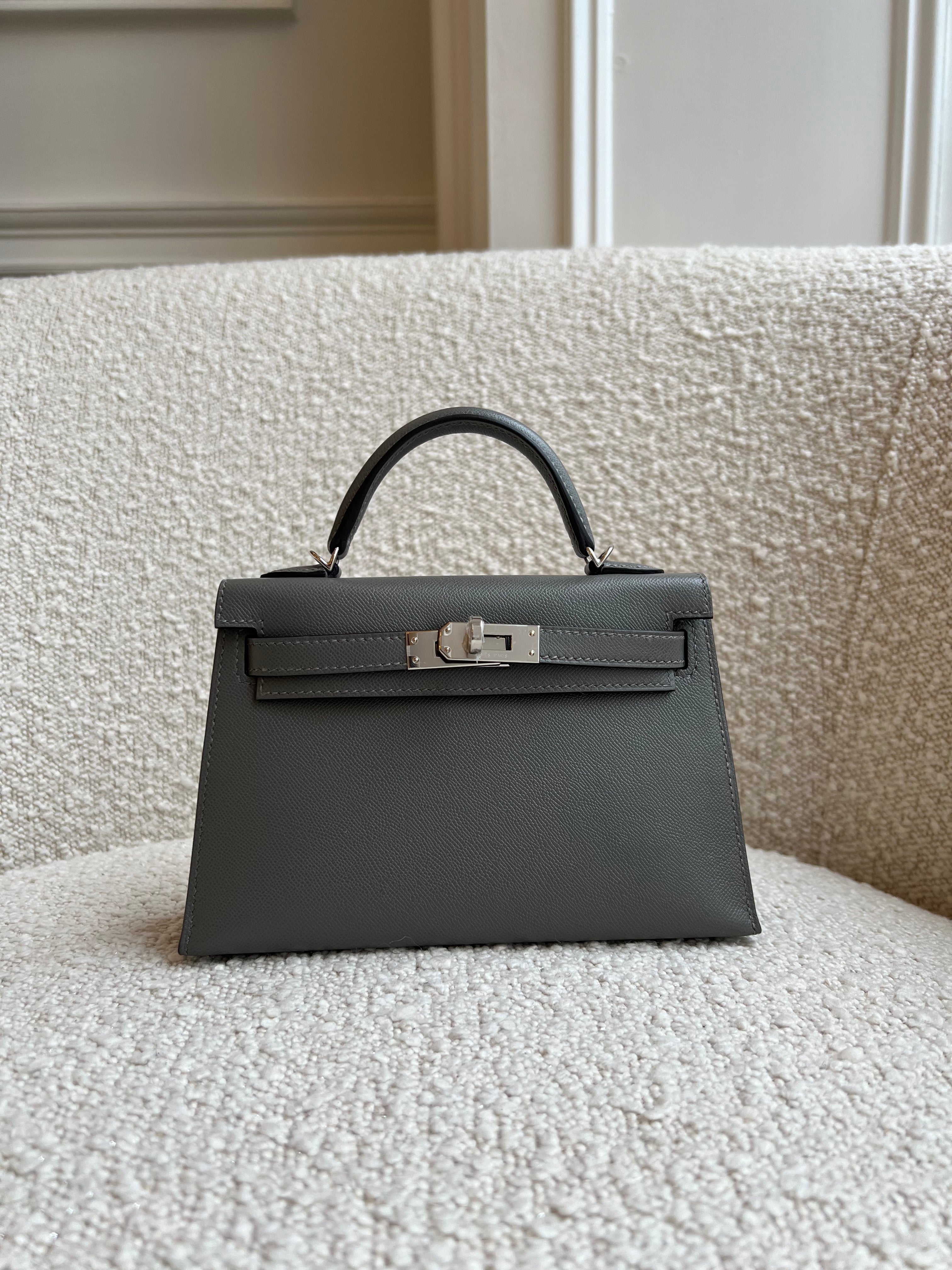 HERMÈS MINI KELLY II 20CM GRIS MEYER Madame Leather with Palladium Hardware