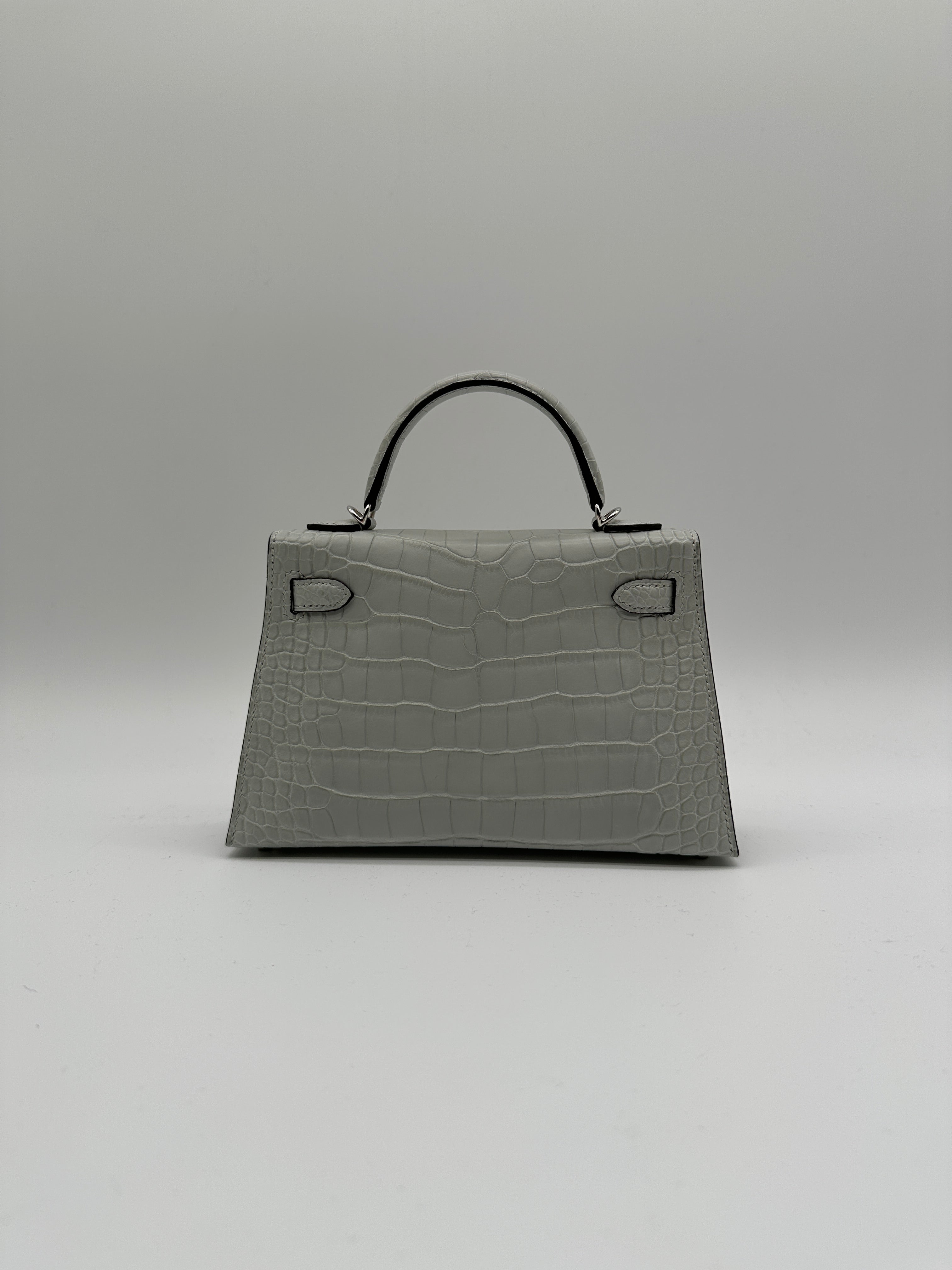 Mini Kelly Gris Neve Matte Alligator Palladium Hardware